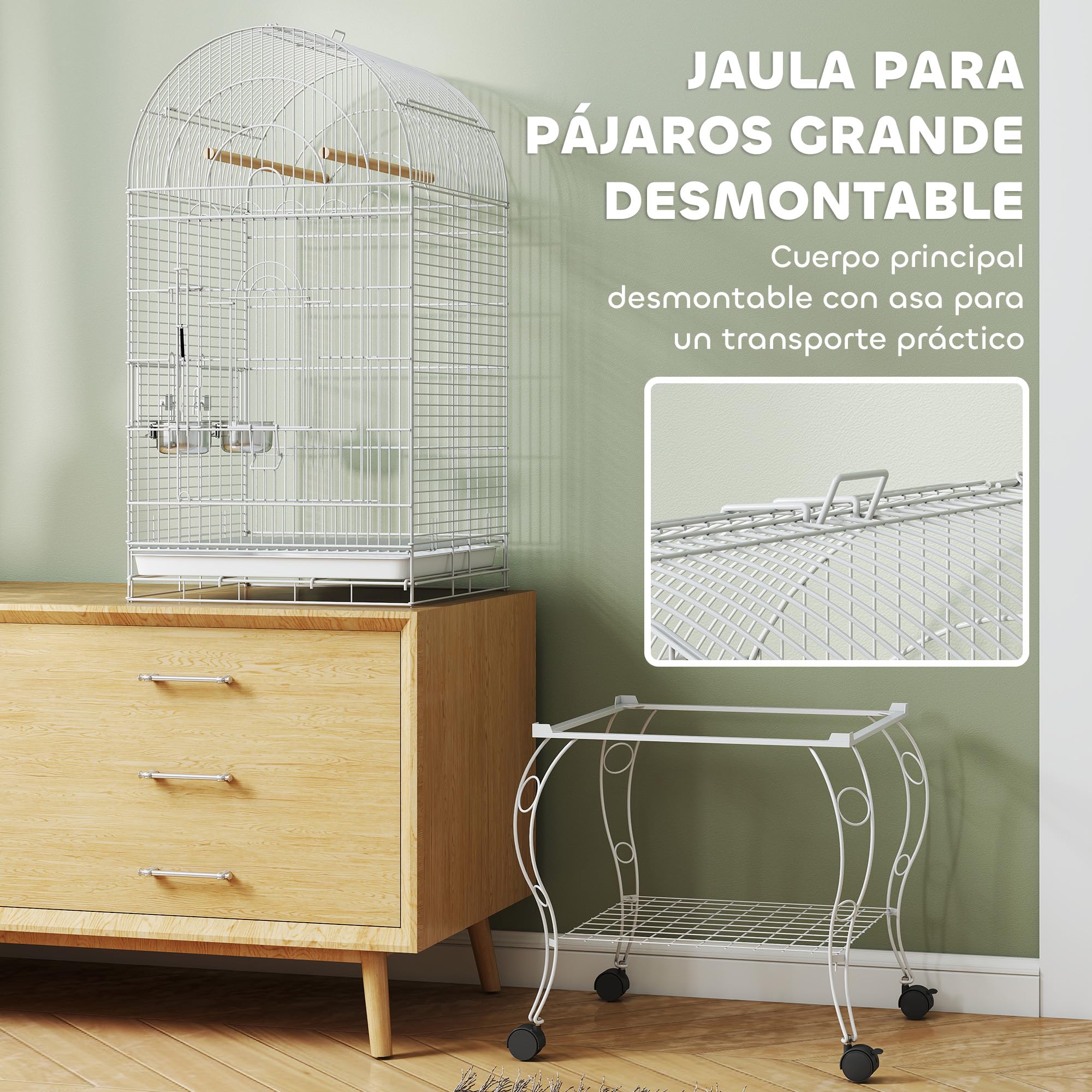 PawHut Jaula para Pájaros con Ruedas y Estante, 51x51x153 cm, Jaula Grande con Parte Superior Abatible, 2 Comederos, 2 Perchas, 4 Puertas y Bandeja Extraíble, para Loros y Canarios, Blanco