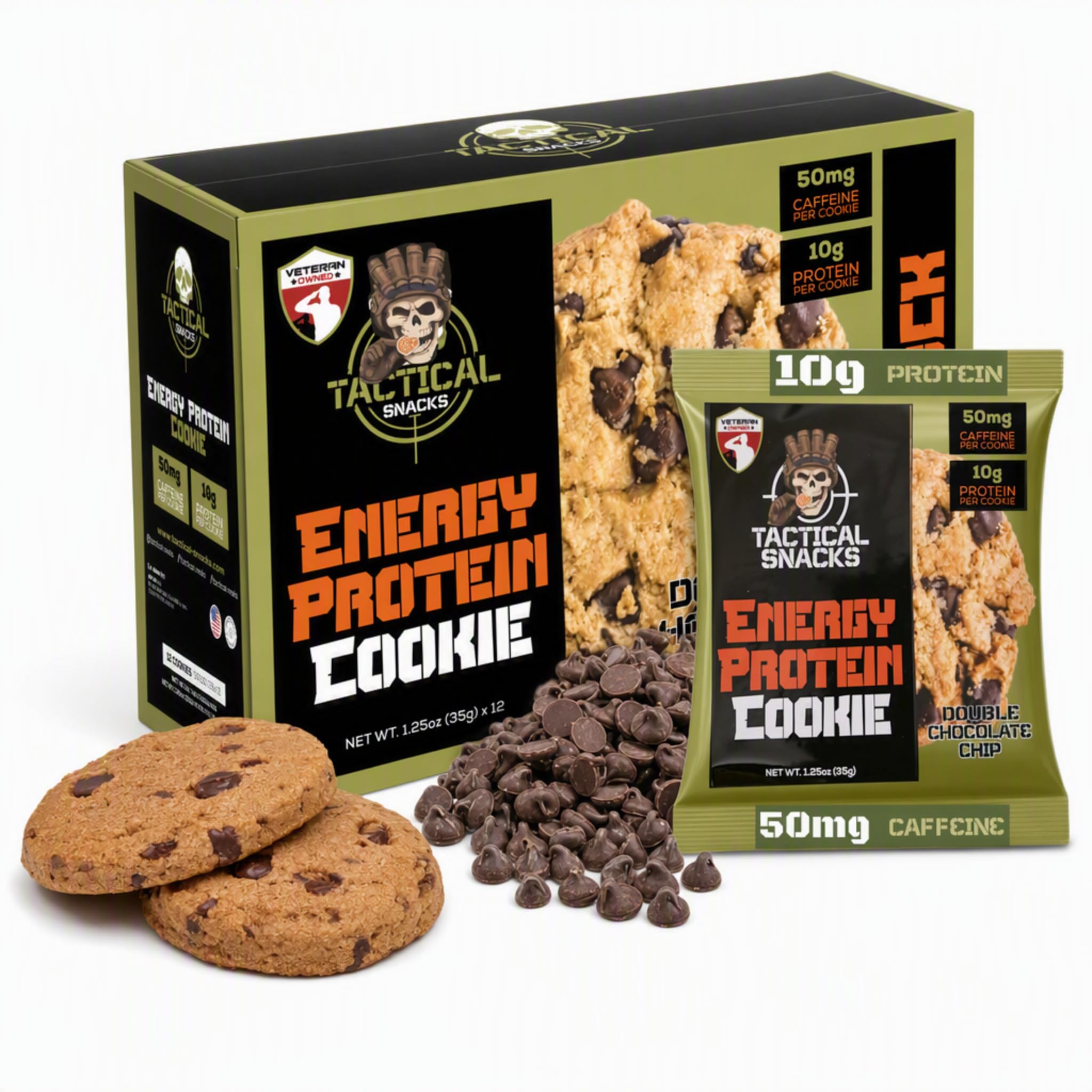 Tactical Snacks Biscoitos proteicos sabor Double Chocolate Chip, 12 unidades