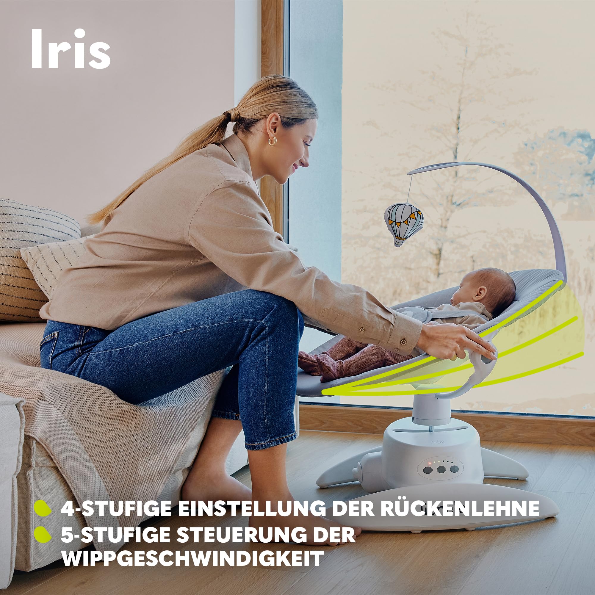 LIONELO Iris Elektrisch Babywippe 360o drehbar für Babys bis zu 9 kg | Verstellbare Rückenlehne, 5 Wiegegeschwindigkeiten Rutschfester Sicherheitsgurt, 12 Melodien Bügel mit Spielzeug Babypflege