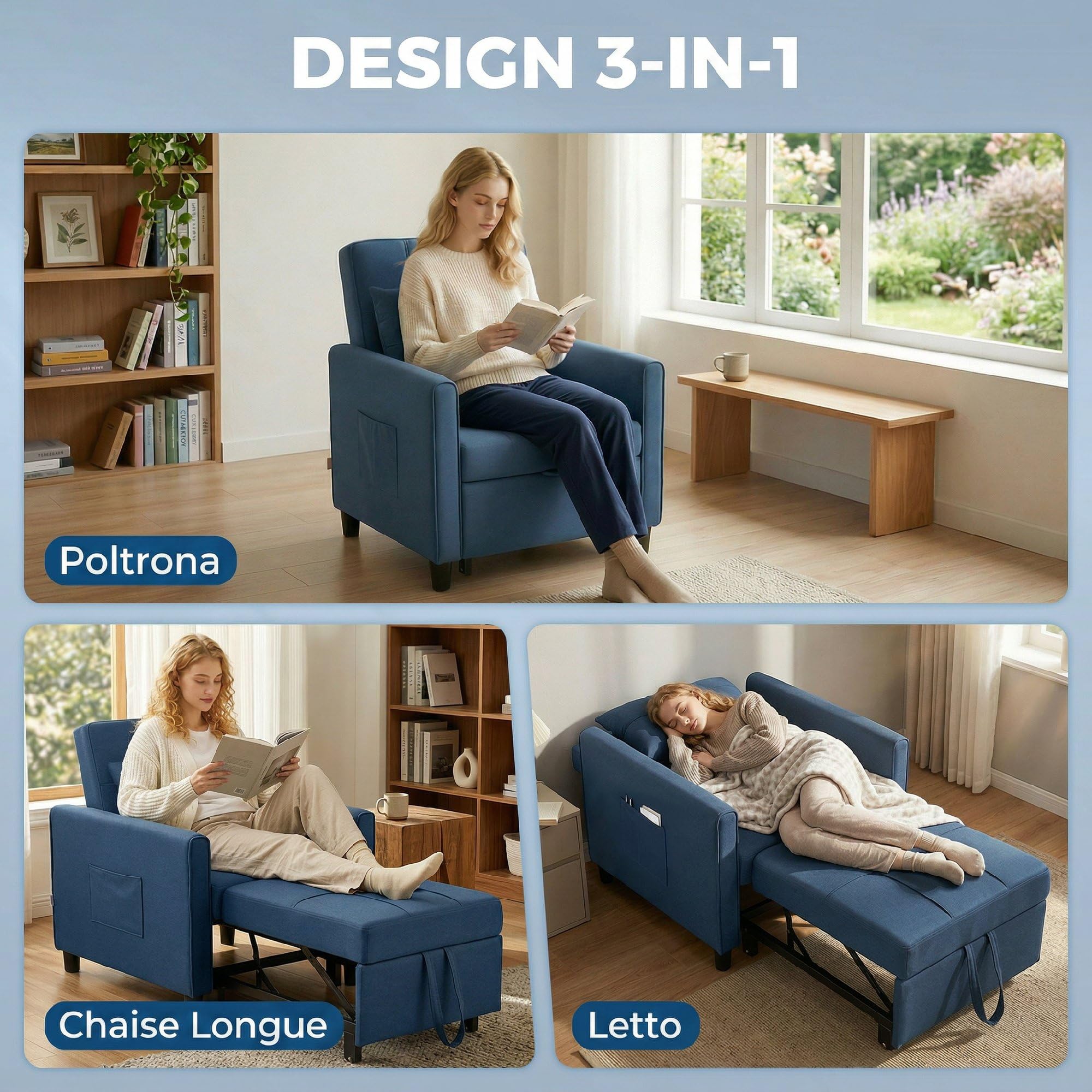 HOMCOM Poltrona Letto Singolo 3 in 1 con Schienale Reclinabile su 3 Livelli, 2 Ruote, Cuscino, Divano Letto Singolo Pieghevole in Tessuto Effetto Lino e Legno, 69x82x85cm, Blu