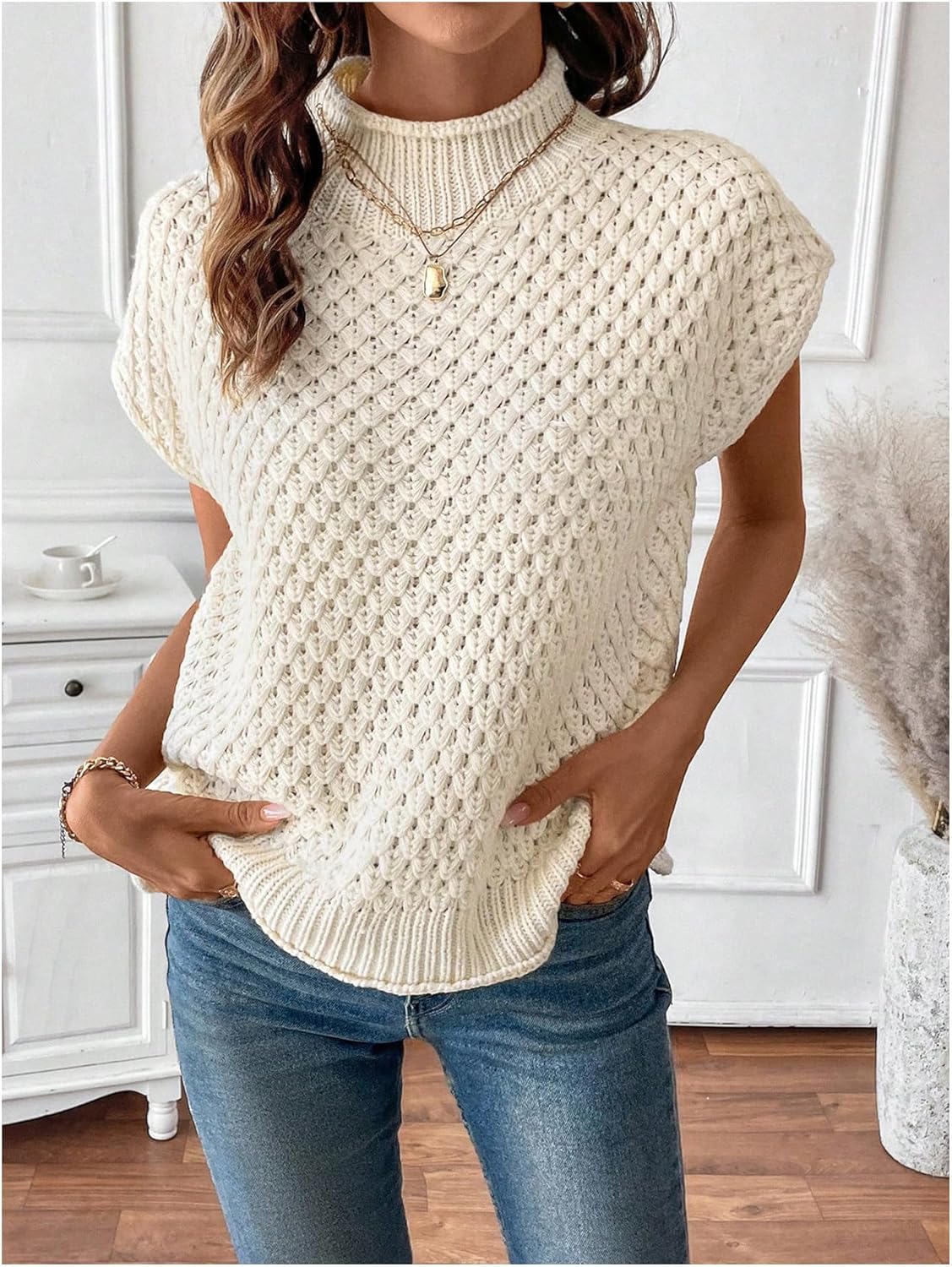 WDIRARA Women's Hollow Out Crochet Sweater Textured Dolman Sleeve Mock Neck Pullover Knit Tops - Image 4