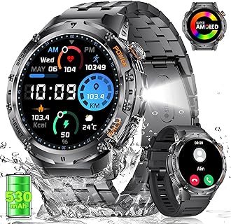 LIGE Military Smart Watches for Men with LED Flashlight(Answer/Make Calls),530mAh Large Battery,1.43’’ AMOLED,5ATM Waterproof Smartwatch for Android iOS,130+Sport Modes Heart Rate/Sleep Monitor Black