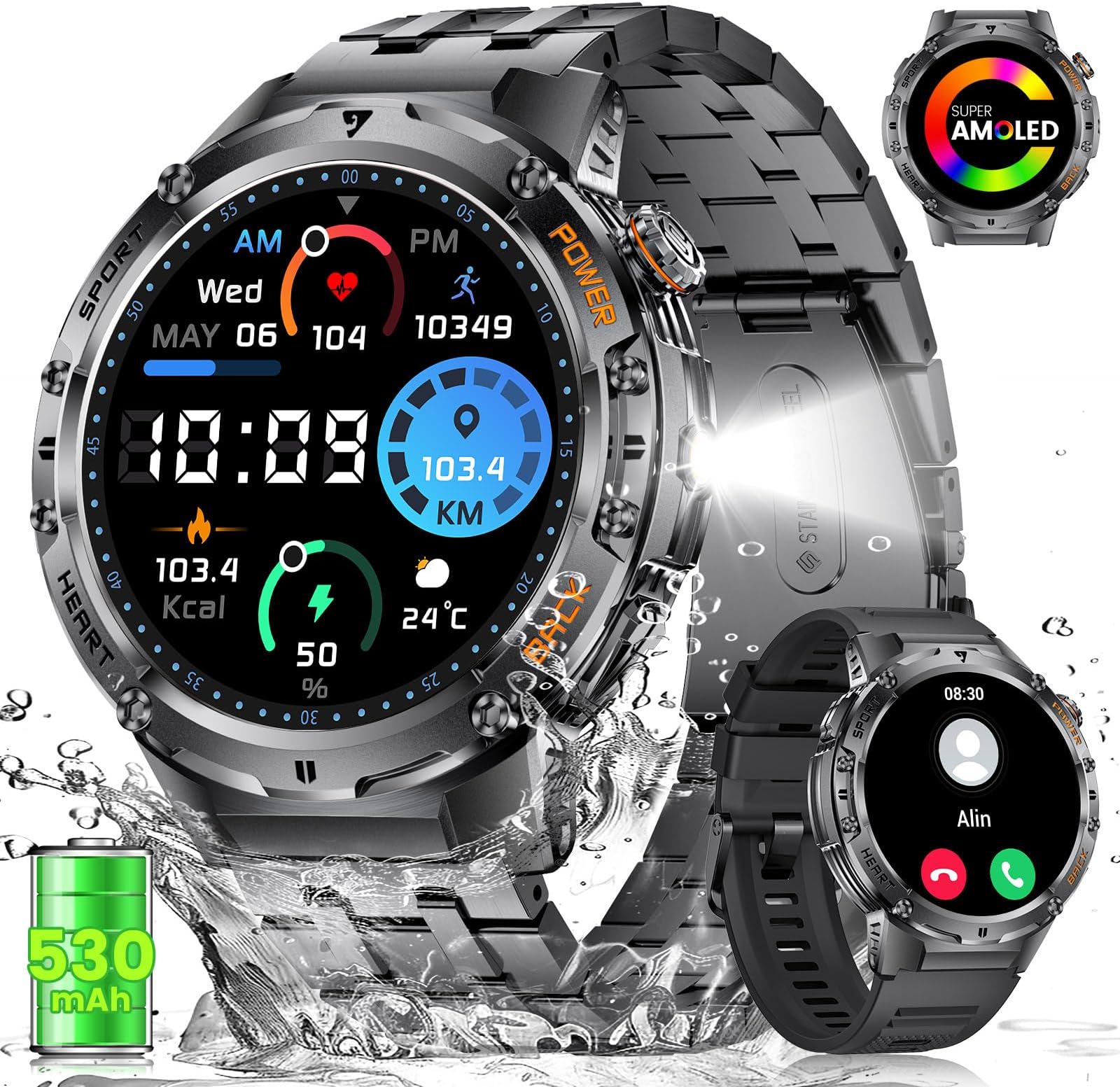 LIGE Military Smart Watches for Men with LED Flashlight(Answer/Make Calls),530mAh Large Battery,1.43’’ AMOLED,5ATM Waterproof Smartwatch for Android iOS,130+Sport Modes Heart Rate/Sleep Monitor Black