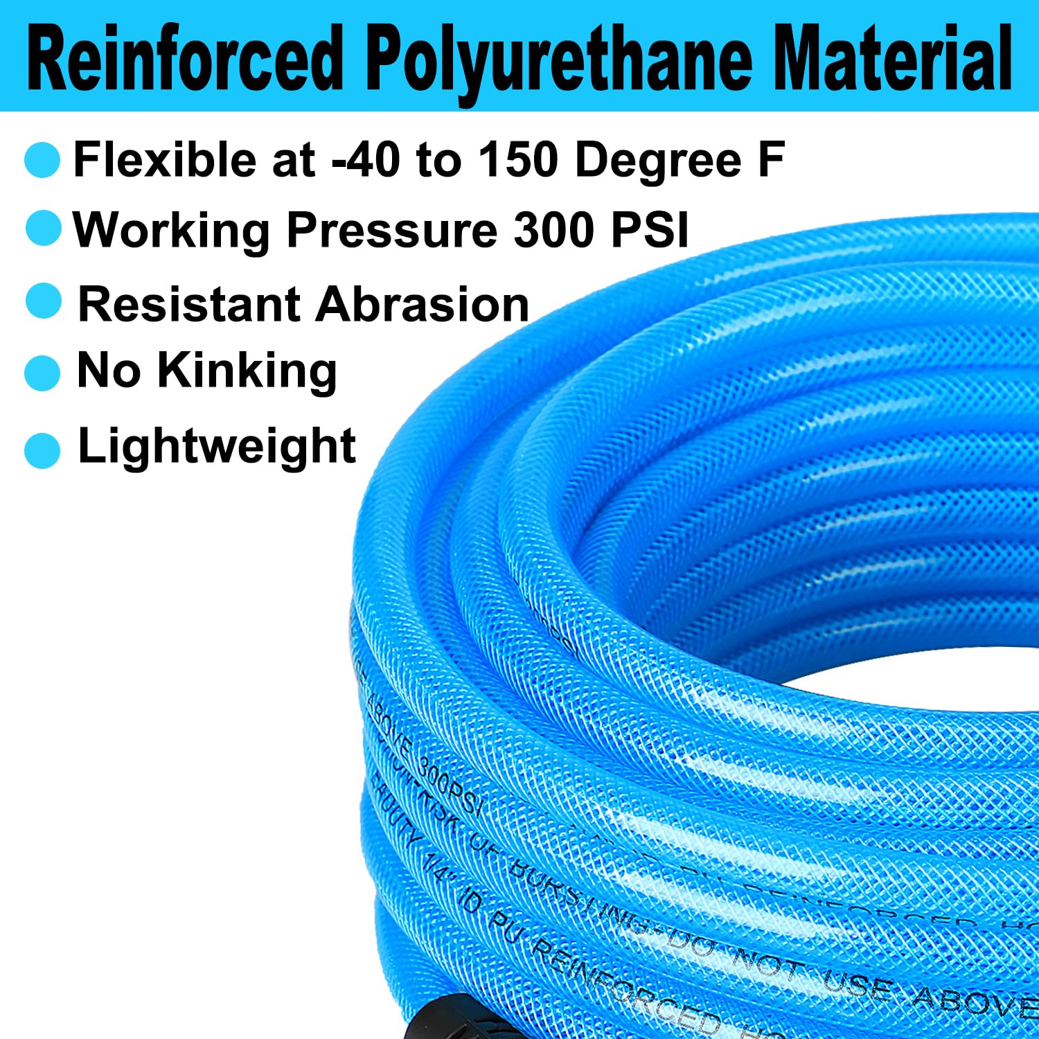 Tubo dell'aria in poliuretano rinforzato resistente, 1/4" x 30,5 m, leggero, flessibile con attacco rapido universale, limitatori di spina e piegatura, blu