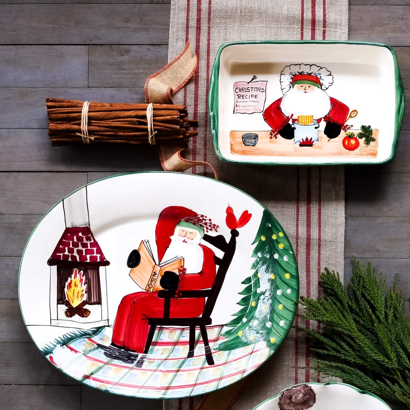 Vietri Old St. Nick Rectangular Baker w/Chef, Christmas Oven Baking Dish Earthenware Bake/Serve Pan
