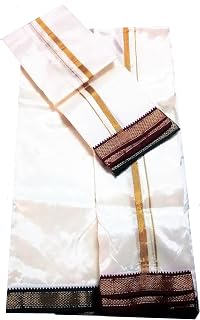 Art Silk Dhoti Vesti Mundu India Ethnic Dress 1" Double Colour Zari Border with Shawl White