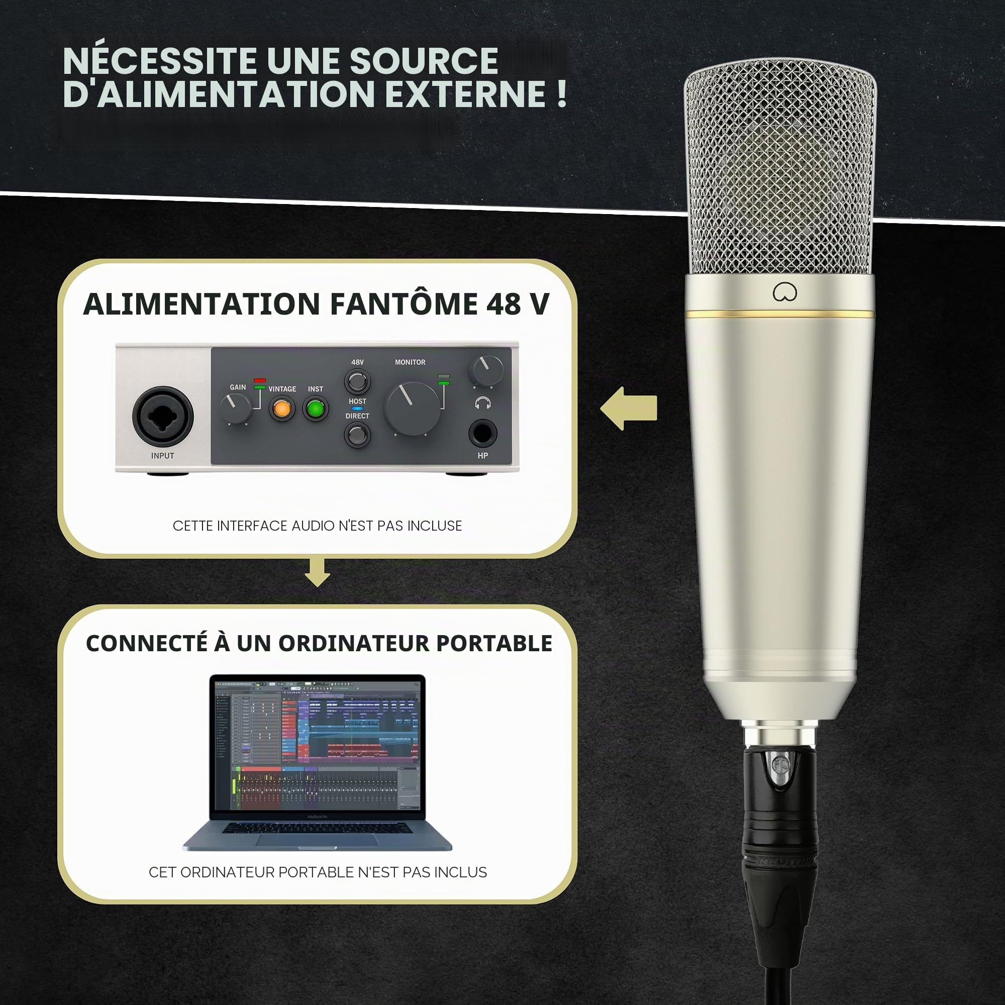 MA-67 Microphone à condensateur de studio, capsule à large diaphragme doré de 34 mm, avec filtre hydropop, support antichoc en métal, câble XLR et sac de micro – pour production de musique,