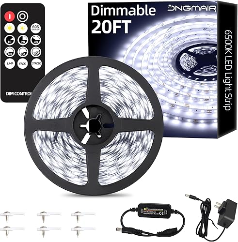 Tiras de Luces LED de 20 pies con Control Remoto, Luces de Cinta Regulables Blanco Luz de Día 6500K, 12V 360 LEDs 2835 Luces de Cuerda Adhesivas