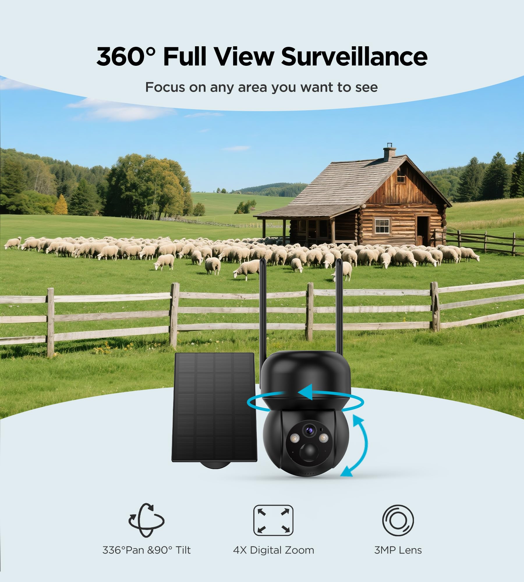 4G LTE Camara Vigilancia Exterior Solar: 2K Vigilancia Cámara de Seguridad Batería Inalámbrica sin WiFi con Tarjeta SIM 360° PTZ Camaras de Vigilancia sin Cables Visión Nocturna Color PIR Detección