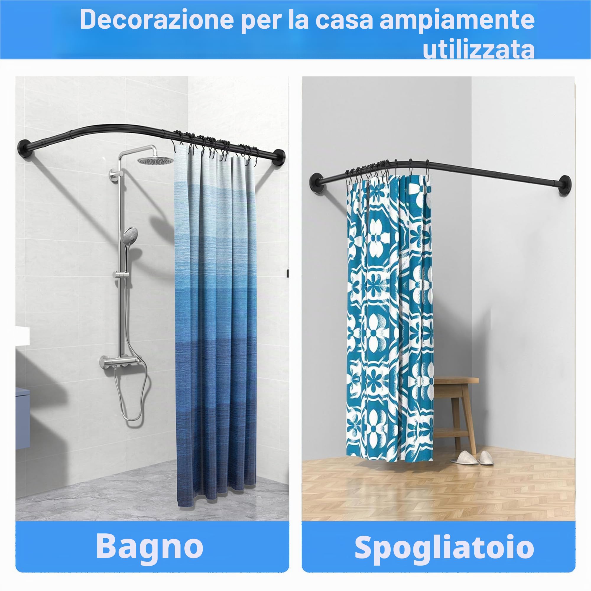 Bastone Tenda Doccia Angolare A Pressione A Forma Di L, Asta per tenda da doccia regolabile e curva in Acciaio Inossidabile, Per Bagno e Spogliatoio (Dimensioni: A 70-95 Cm X 70-95 Cm, Colore: Nero)