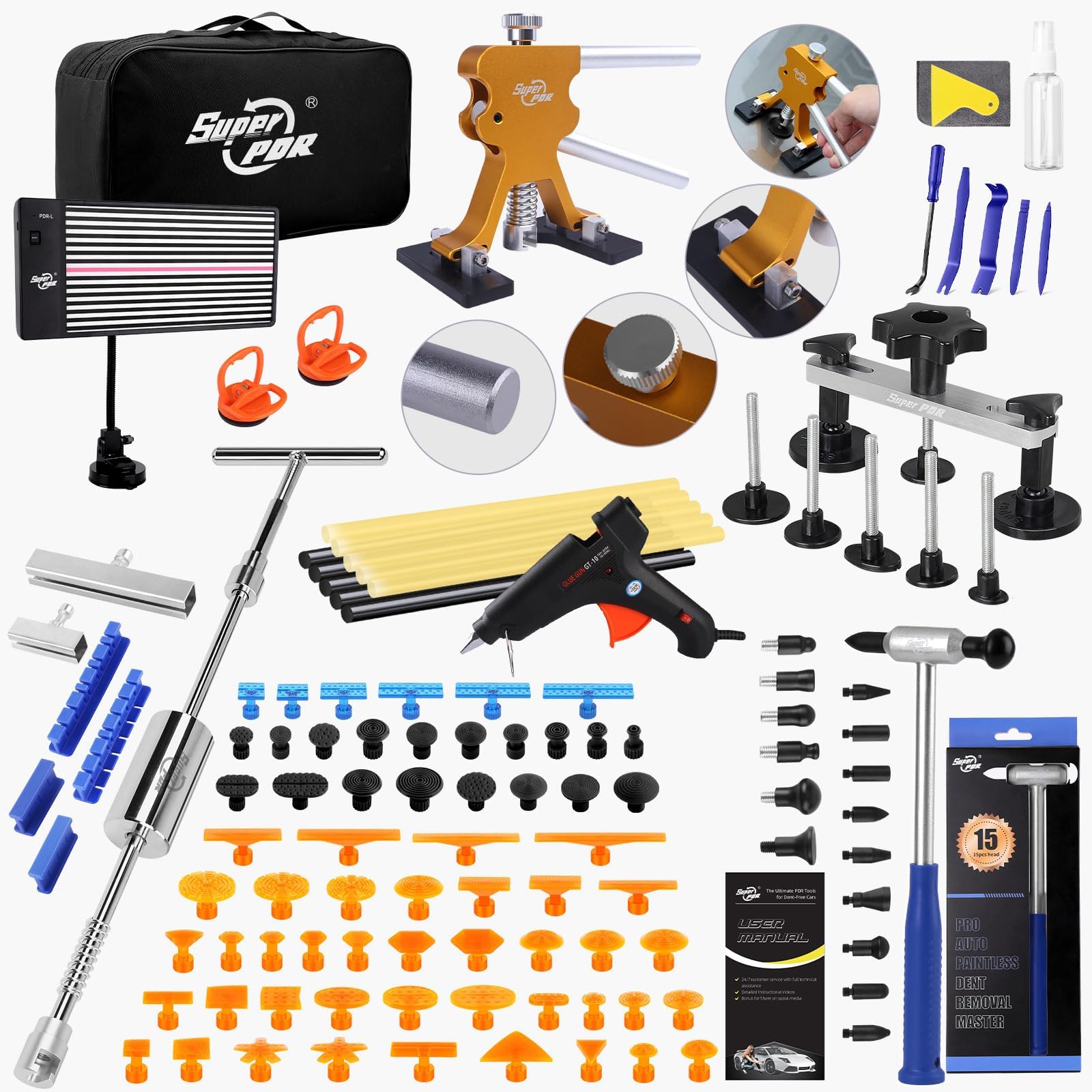 Super PDR Paintless Dent Repair Kit, Dent Puller Kit, Car Dent Removal Tools with Dent Lifter, Bridge Puller, Slide Hammer 2 in 1 T-Type Slide Hammer for Repair Door Ding, Creases and Hail Damage