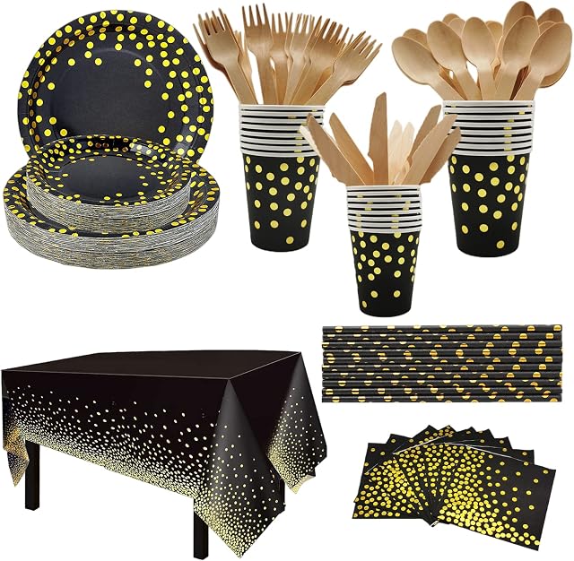 Black and Gold Party Tableware, CEILIWEN 201PCS Black and Gold Party Supplies Set, Paper Tableware Set, Party Dinnerware Set Includes Black Paper Plates, Cup, Straw, Tablecloth, Napkin, Cutlery