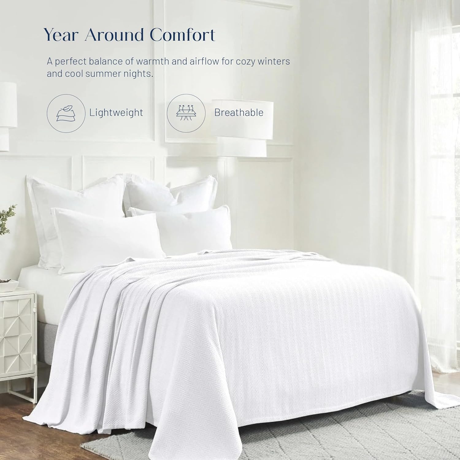 Westbrooke 100% Cotton Blanket, Breathable Bed Blanket, King, White