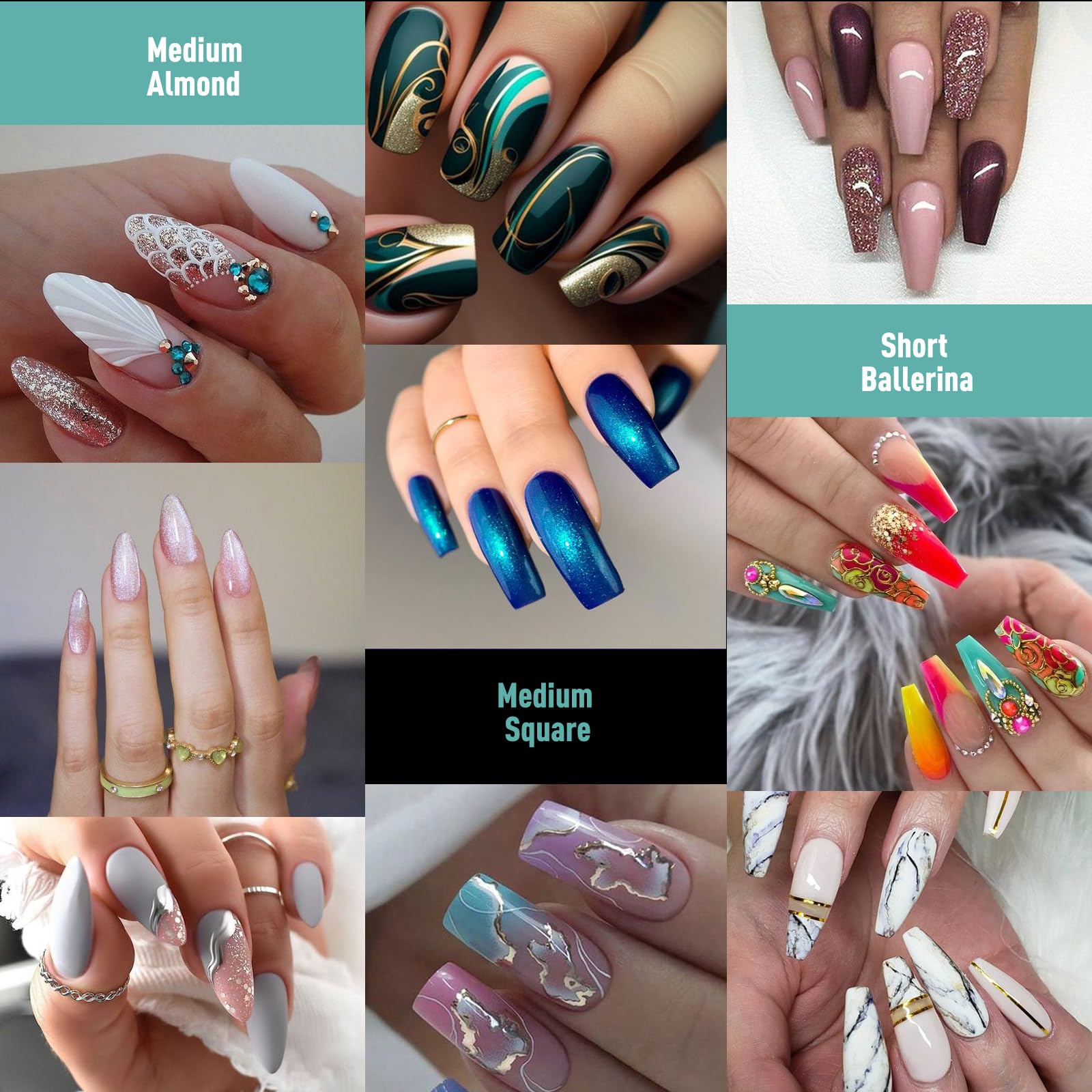 Kit de 3 estilos de puntas de uñas postizas de gel suave, almendra mediana, cuadrada y bailarina, 360 puntas de uñas acrílicas de cobertura completa media mate preformadas, extensión de uñas, salón de 6
