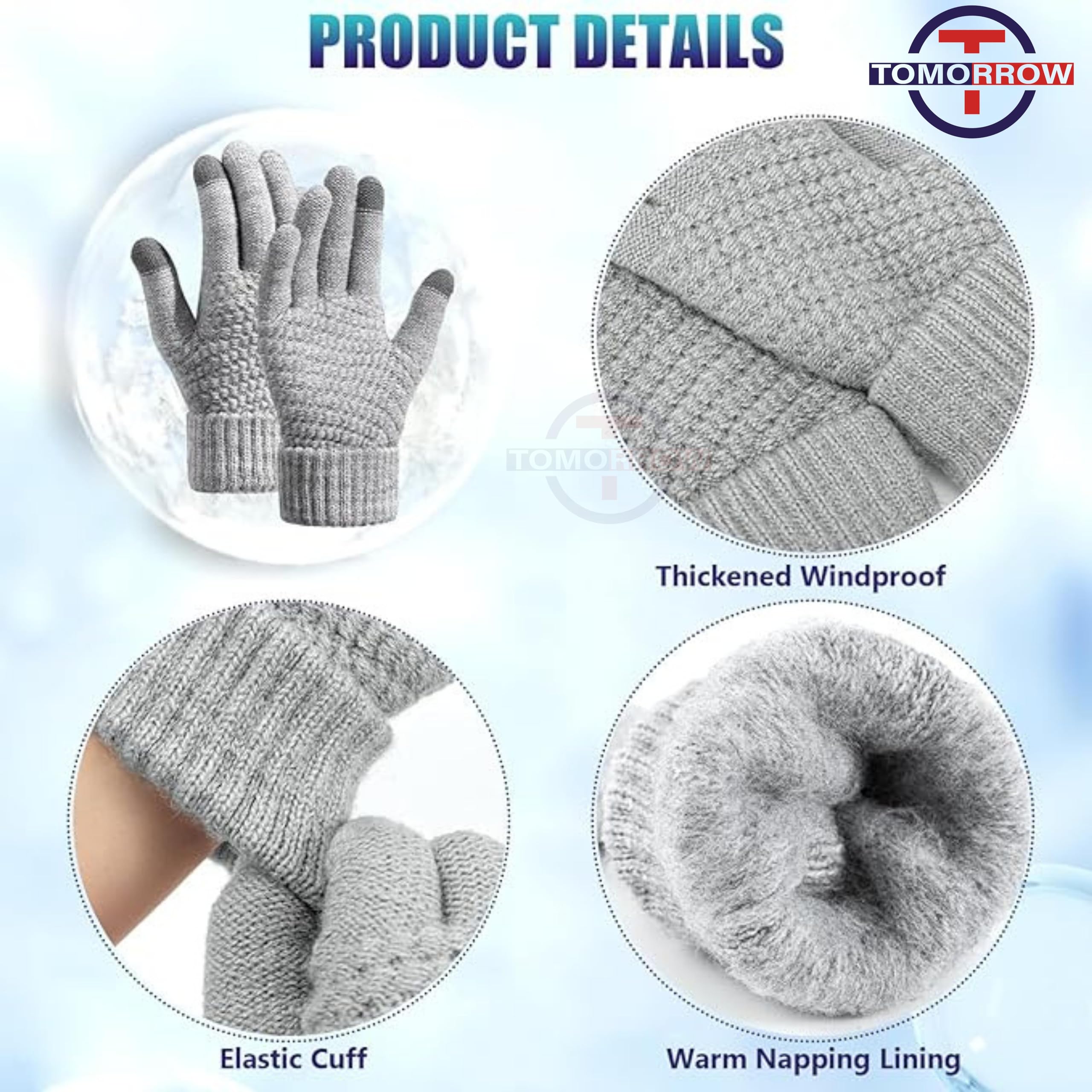Tomorrow Winter Touchscreen Magic Gloves Warm Stretch Knitted Wool with Touch Screen, Woolen Comfort Full-Fingered Protection - Double Layered Combo of (One Size, 1 Pack- Blue) - Image 8 thumbnail