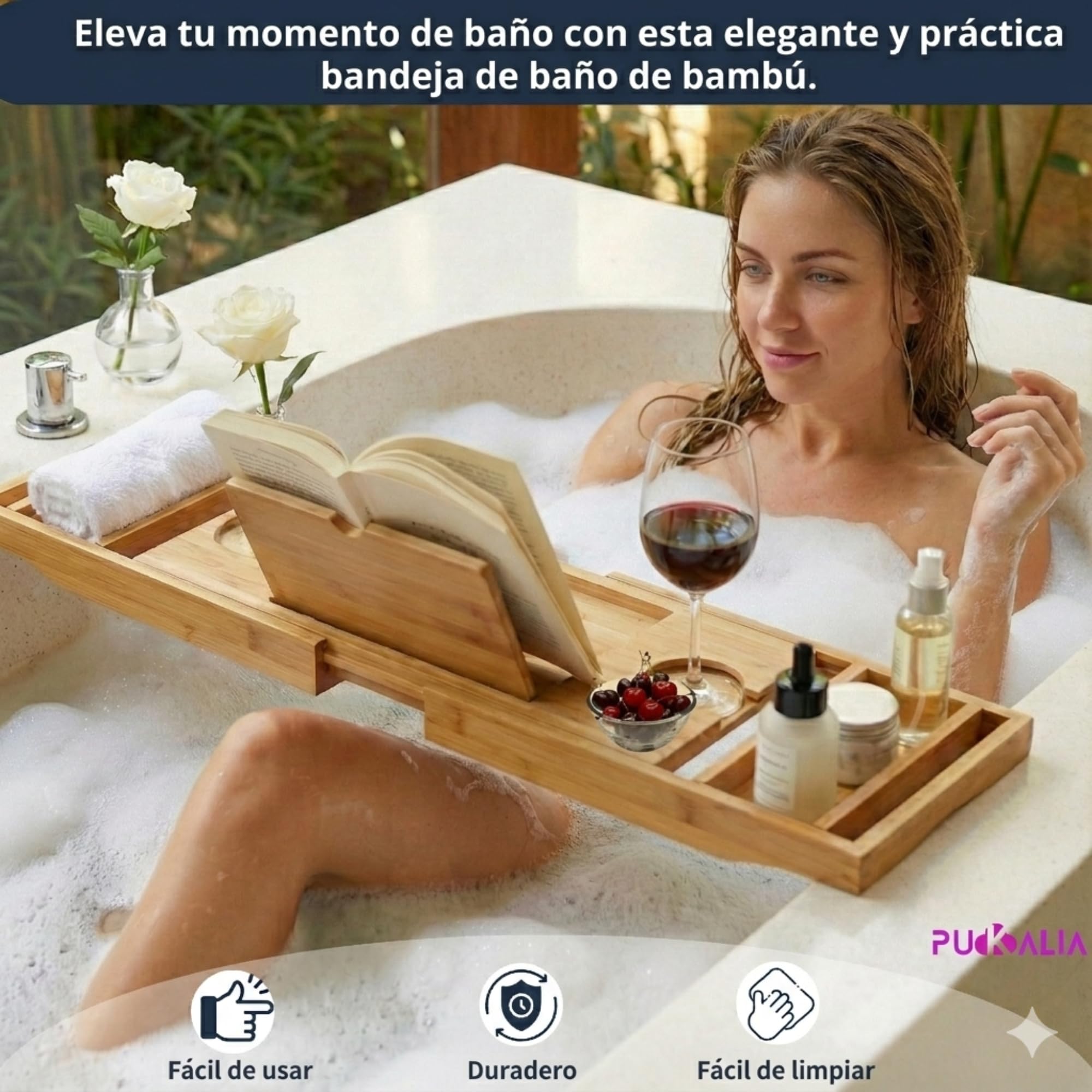 Vassoio per vasca da bagno con cuscino ergonomico, kit spa in casa in bambù, supporto estensibile e pieghevole per tablet, libro e coppa, legno naturale 100% e accessori di lusso