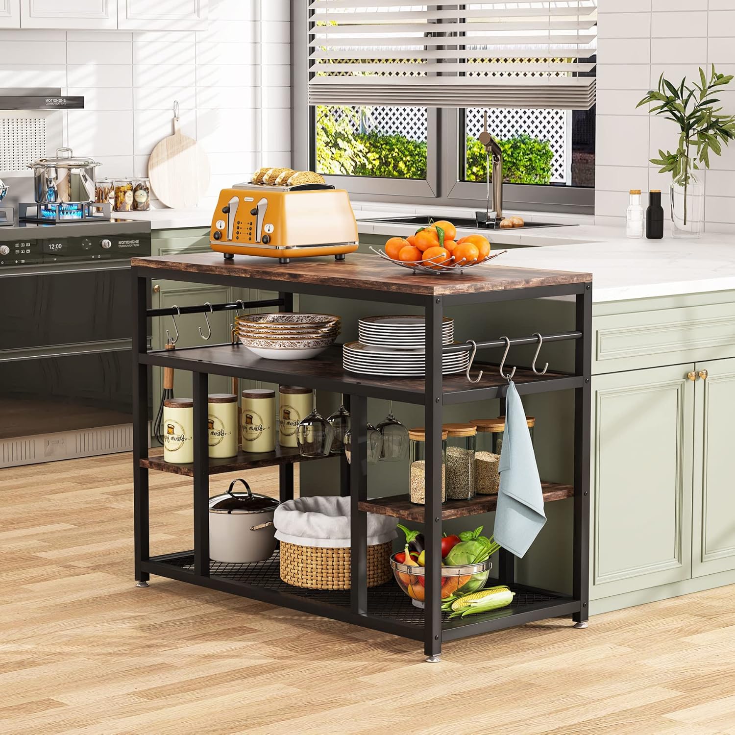 Tribesigns Kitchen Island with Storage and Wine Glass Rack, Industrial Island Table with 5 Shelves and Large Worktop, Butcher Block Island Coffee Bar Table with 6 Hooks, Rustic Brown : Home & Kitchen