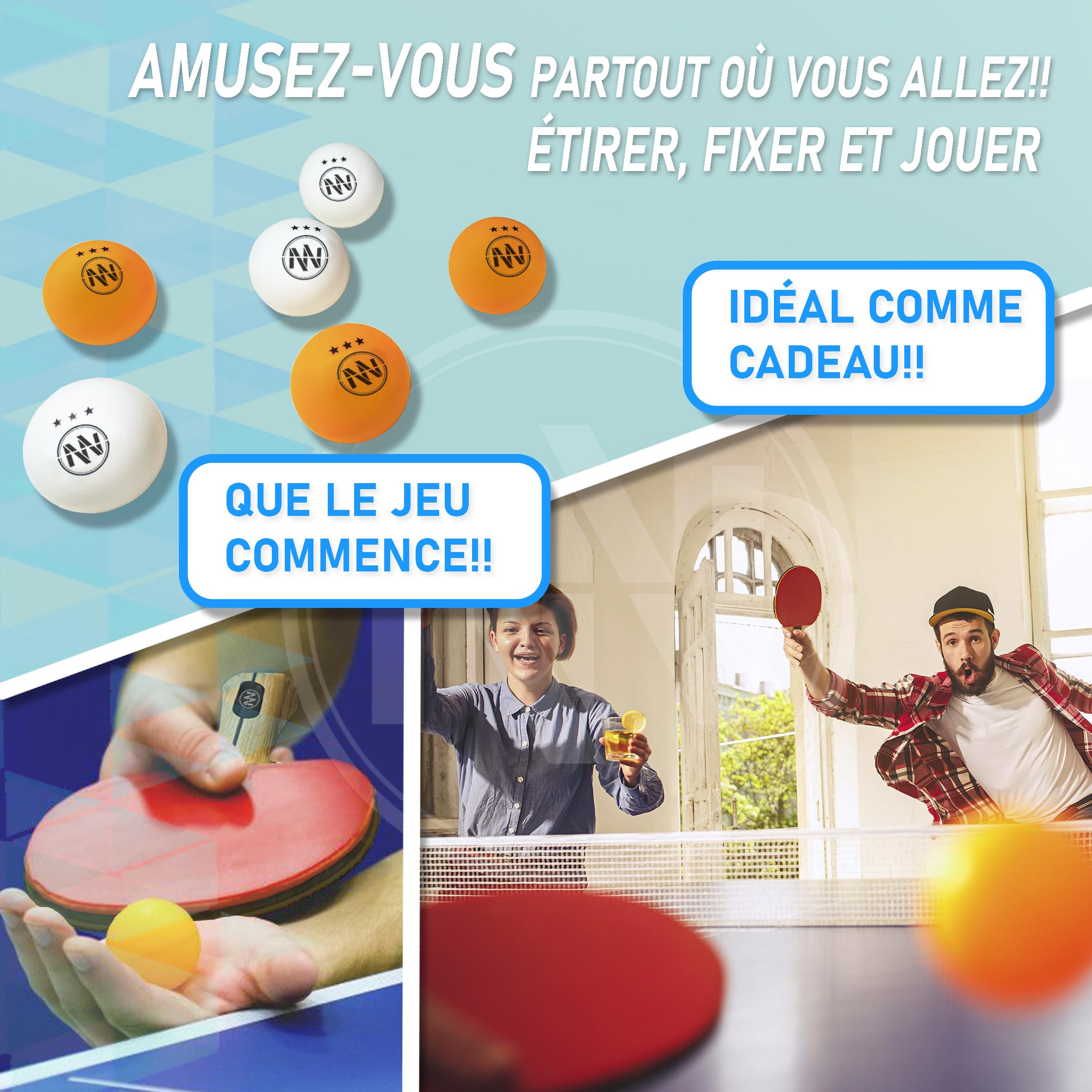 Ensemble de ping-Pong avec Filet Extensible, Raquettes de ping-Pong Professionnelles, Balles de ping-Pong 3 étoiles, Filet de ping-Pong de Table réglable