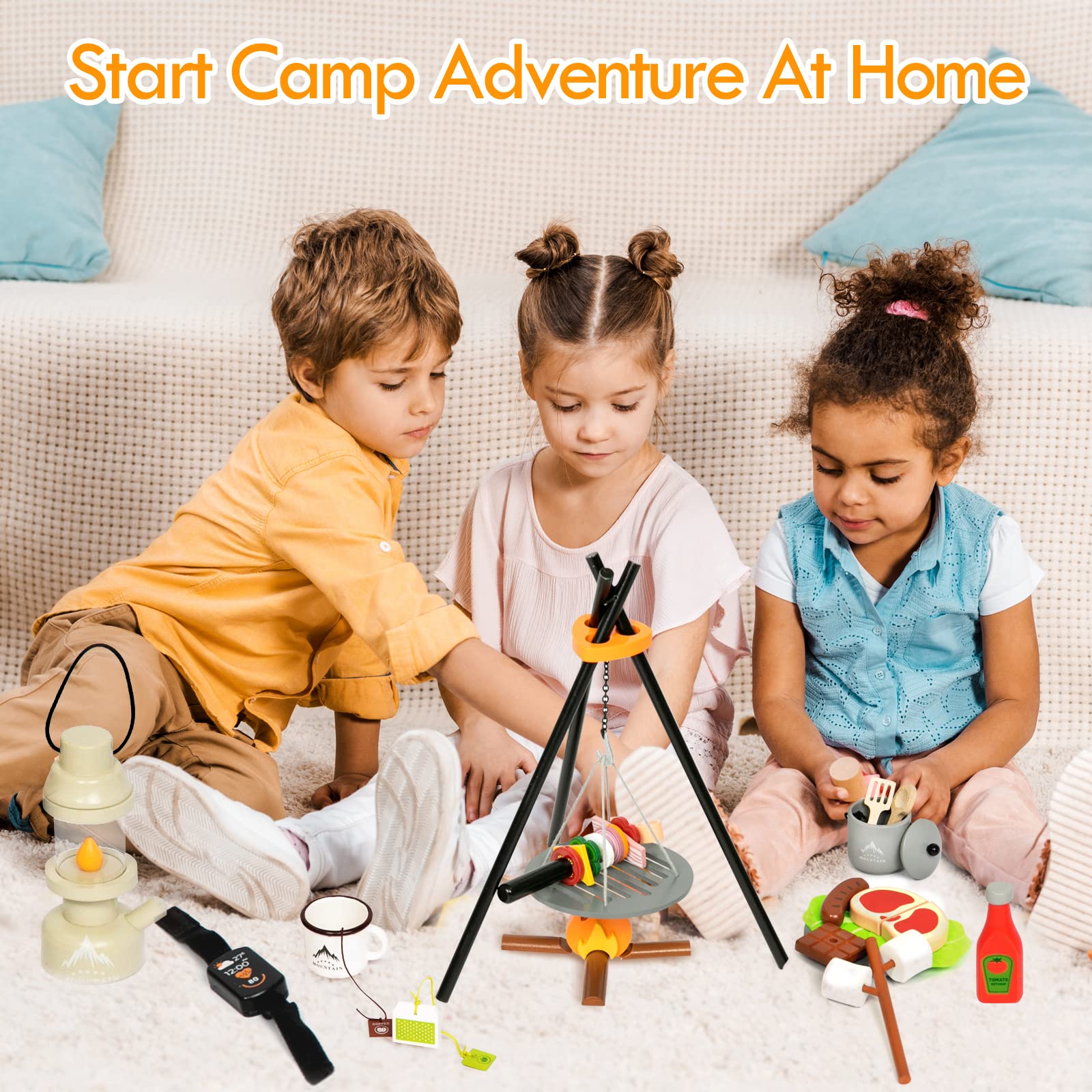 Juego de juguetes de campamento para niños, juego de simulación con fogata, juego de madera para acampar, cortar alimentos para jugar, cocina, equipo de campamento para cocina, interior y 6