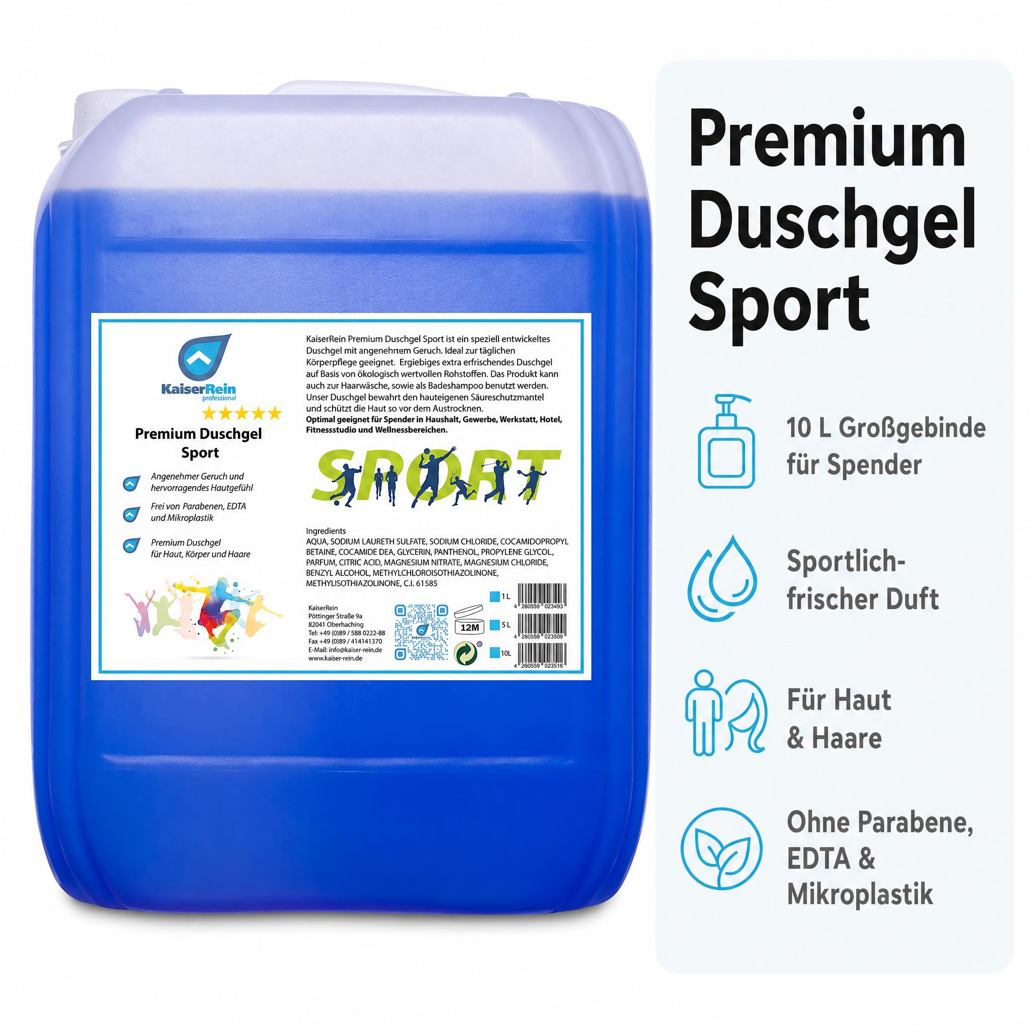 KaiserRein Duschgel Sport, Premium Duschgel für Herren und Damen, 10 L Kanister als Nachfüllpack für Spender, mikroplastikfrei, ohne Parabene und EDTA, für Körper, Haare & als Badezusatz
