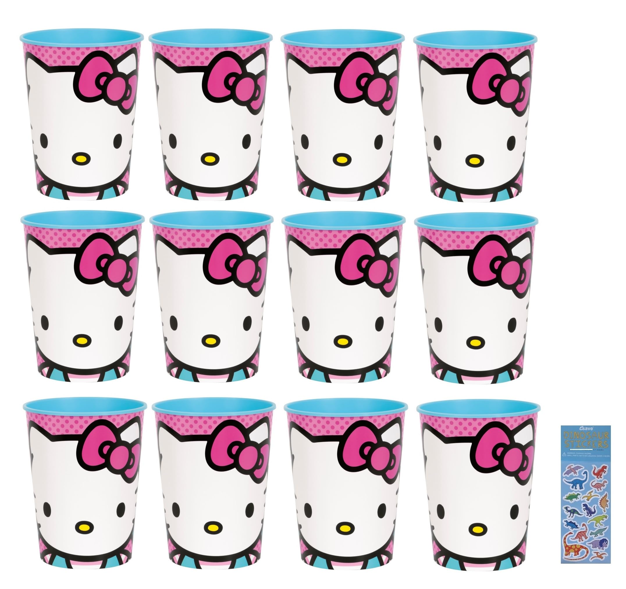 Unique Hello Kitty Birthday Party Supplies Bundle includes 12 Reusable Cups 16oz and 1 Dinosaur Sticker Sheet