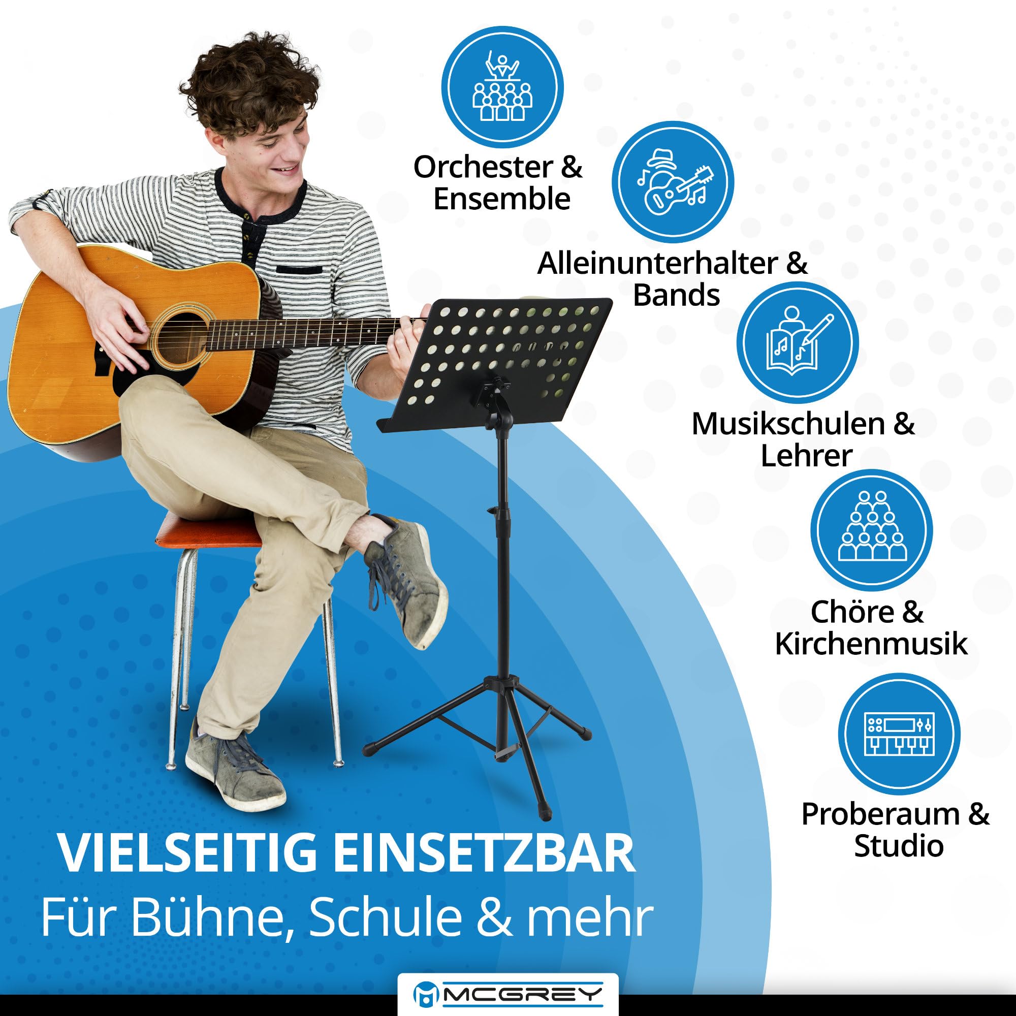 McGrey 11940 Orchesterpult Lochblech Notenständer - stabiler Metall-Ständer - Dreibein und höhenverstellbar von 69 cm bis 115 cm - mit Notenklemmen und abnehmbarer Ablage - Deluxe Notenpult Schwarz