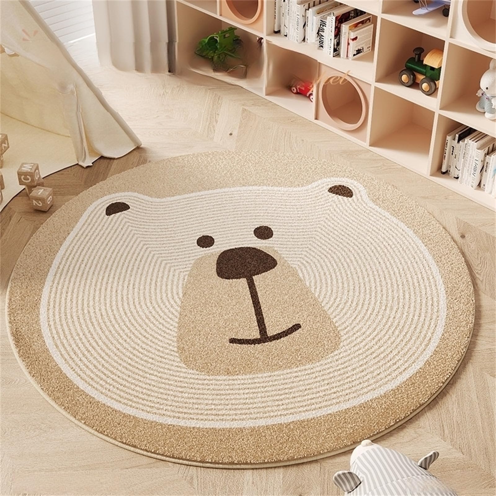 Odot Tapis Rond de Motifs Simples, Imitation Cachemire Rug de Salon, Chambre à Coucher, Ambiance Festive, Tapis Chambre, Décoration Couverture de Chevet Père (Ours Beige,diamètre 120cm)