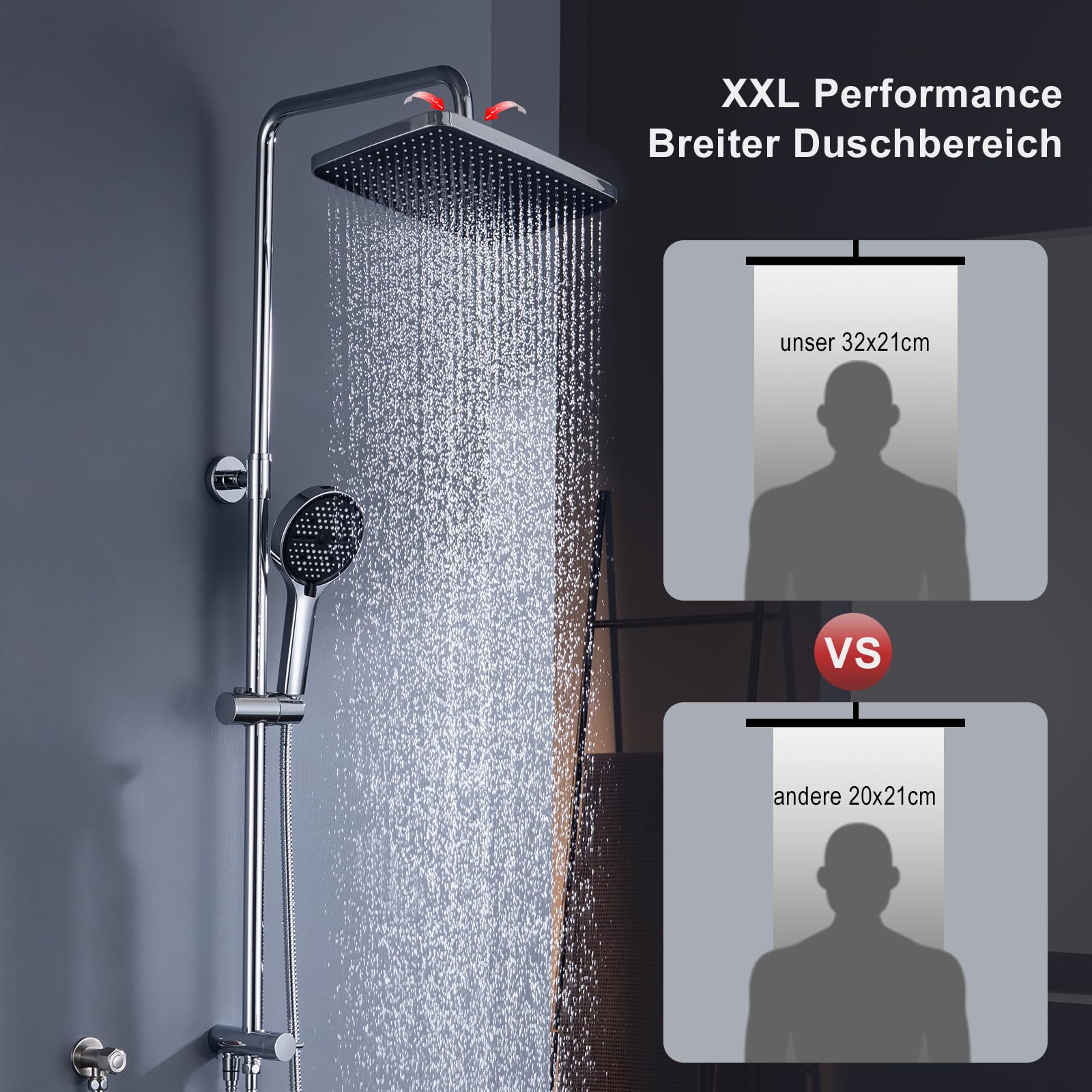 GAOZHI 32x21cm Colonna Doccia senza Miscelatore in Acciaio INOX 304 Cromato, Saliscendi Doccia Regolabile 63-105cm Set Doccia a Pioggia con Soffione Doccia Grande e Doccetta a Mano Cromo Quadrato