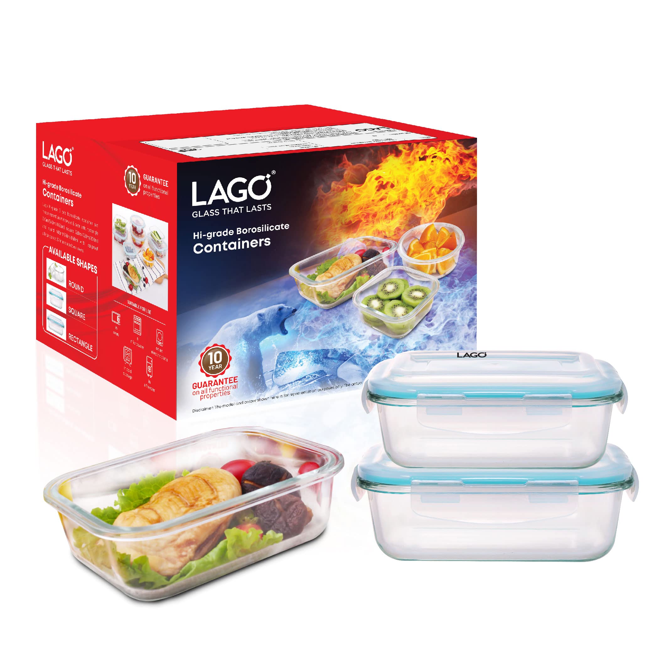LAGO HI-GRADE BOROSILICATE CONTAINER SET 3PC 370ML/640ML/1050ML RECTANGULAR