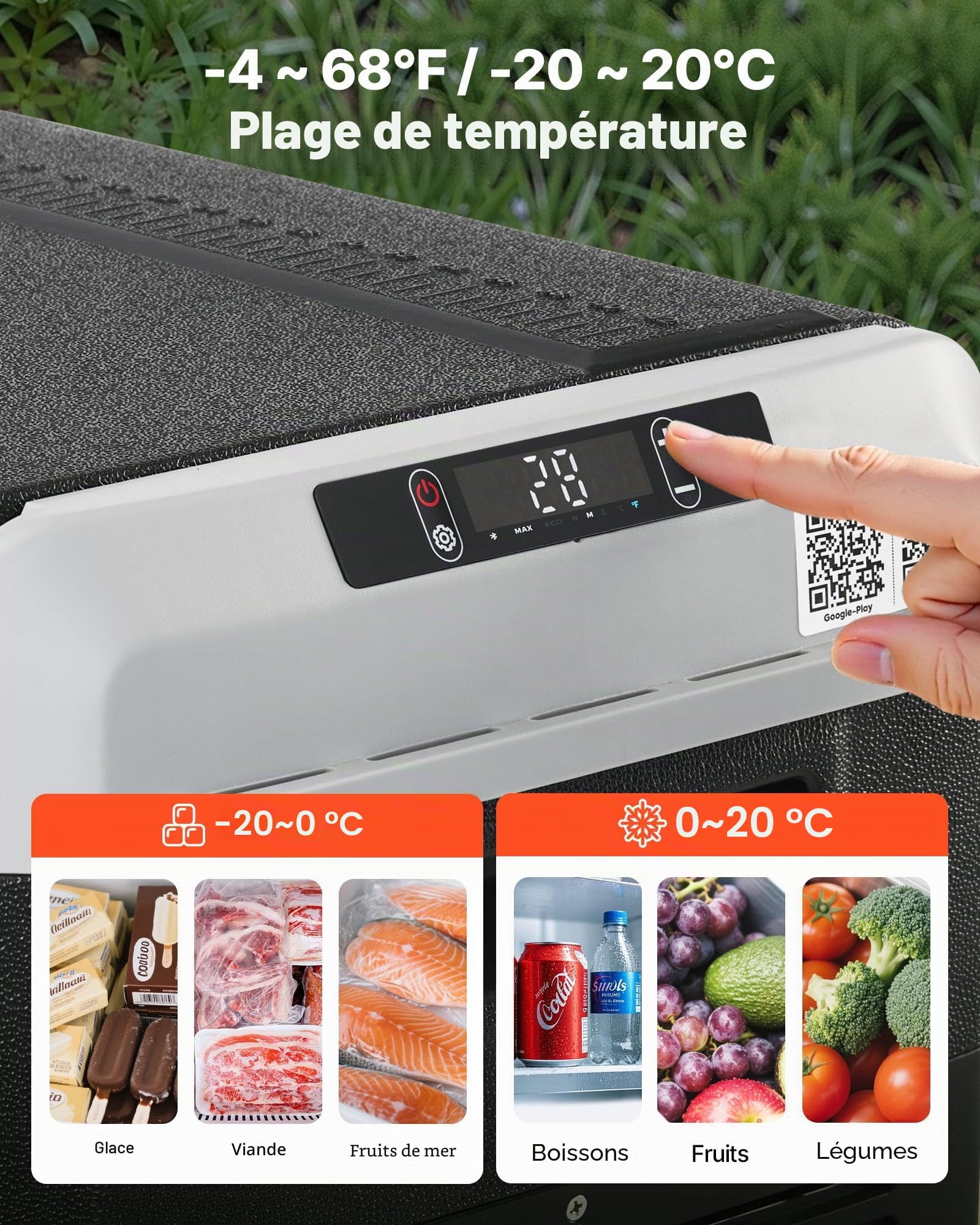 VEVOR Glacière Électrique Portable 25 L 12/24 V CC 100-240 V CA, Réfrigérateur à Compression, Température Réglable -20 °C à 20 °C