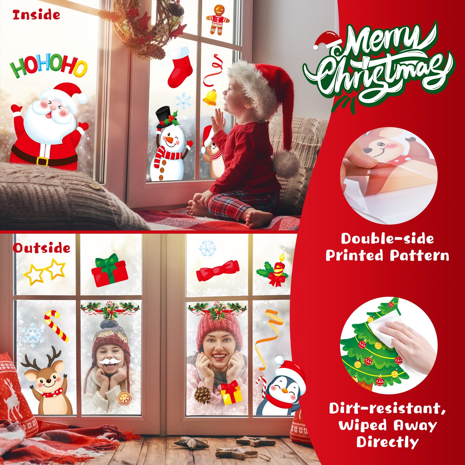 Stickers Fenêtre Noël Roses - 10 Feuilles Motifs Bonhomme De Neige, Sapin, Flocons - PVC, Pose Facile Sans Trace - Décoration Hiver