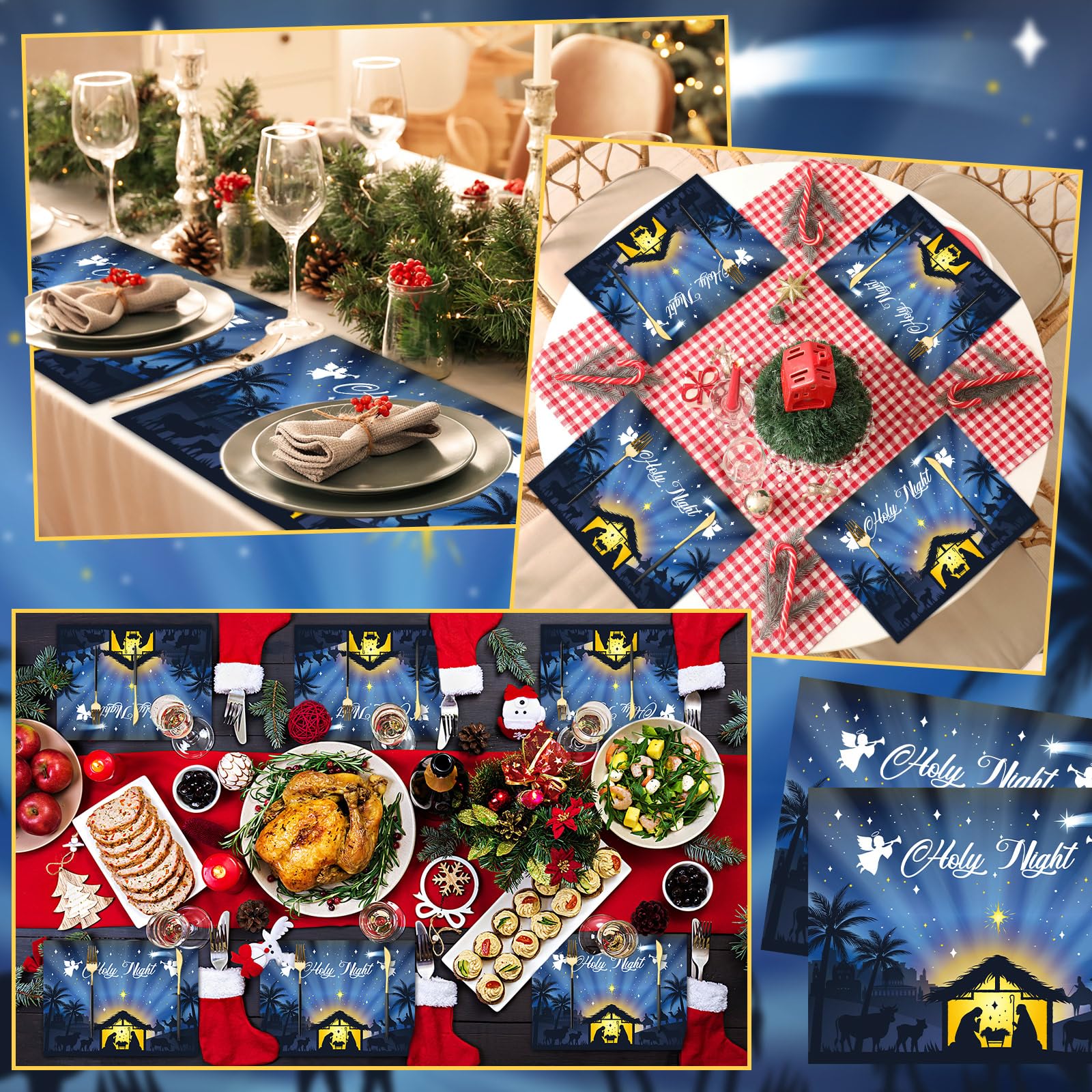 OBUSATT 100 manteles individuales de papel de Navidad con diseño de noche santa, para belén, color azul, manteles individuales de cocina para vacaciones, fiesta de invierno, decoración de mesa de