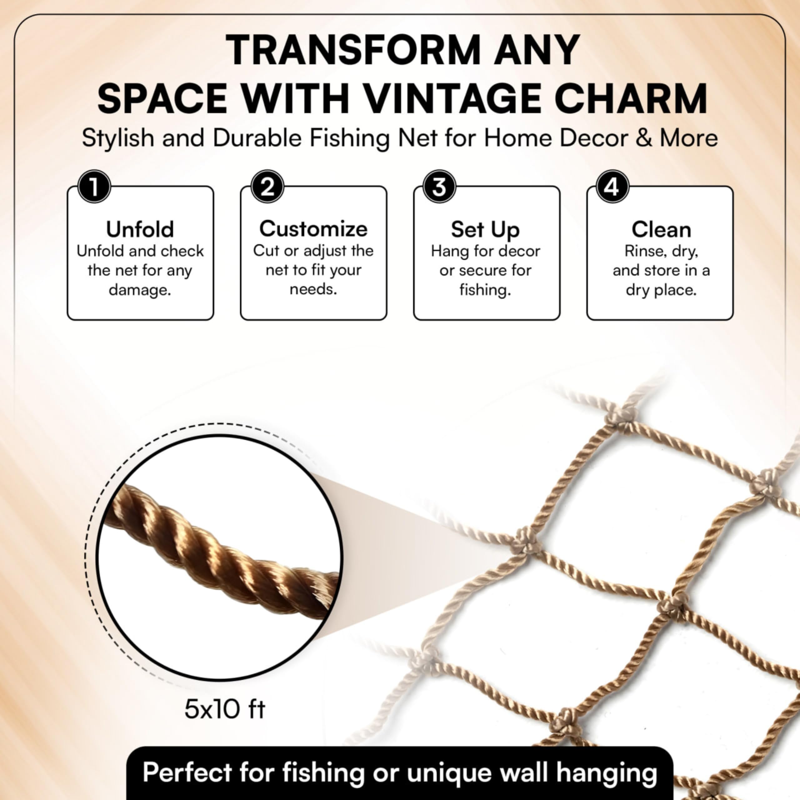 COLIBROX Fishing Net 5x10 Ft Decorative Fish Netting, Old Vintage Decor — Amazon image 5