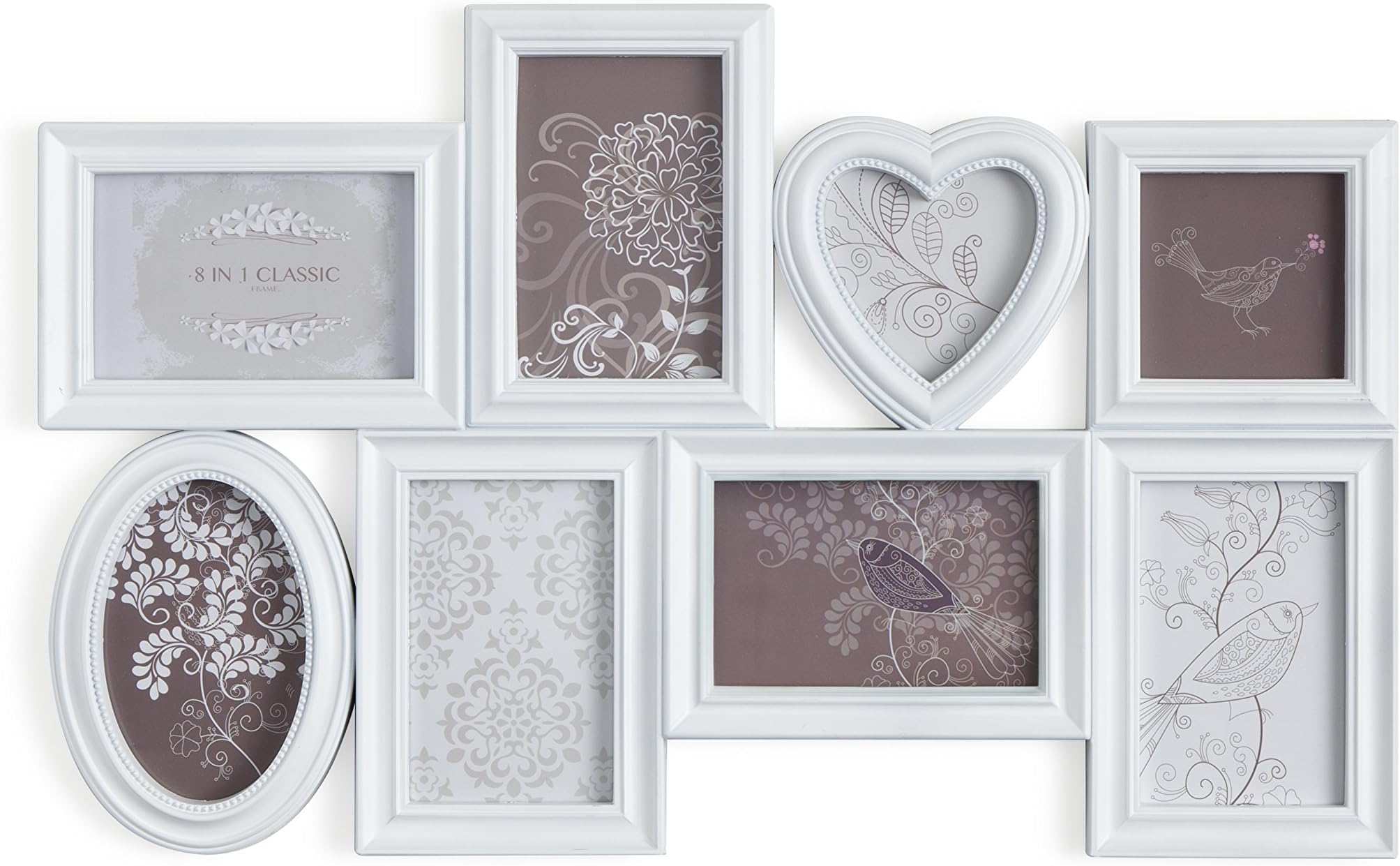 MONTEMAGGI Shabby Chic Multiple Photograph Wall Frame with 8 PVC Frames White picture frame antiqued in shabby chic shades. Dimensions: 60 x 3 x 40 cm.
