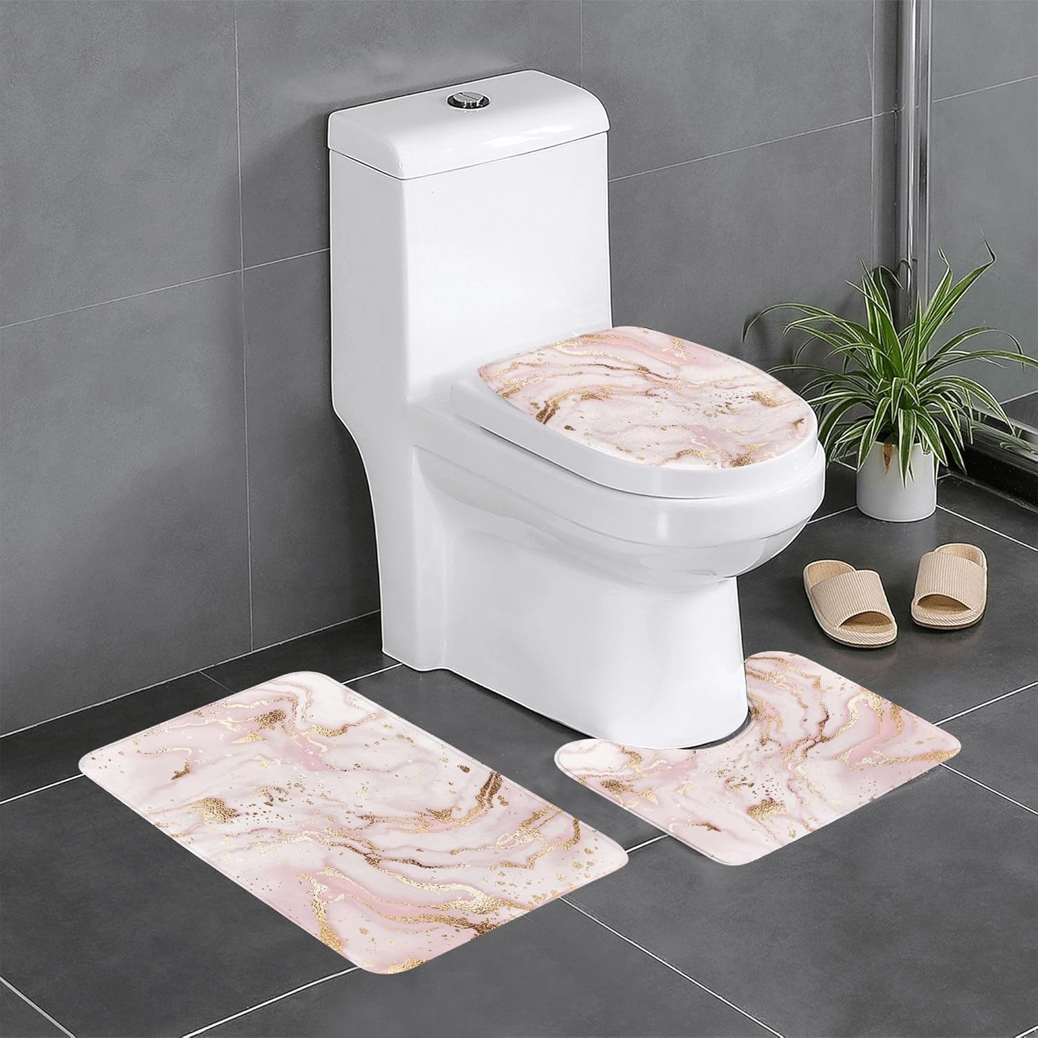 3 Piece Pink Marble Bath Mat Set Gold Glitter Texture Bathroom Rug Non Slip Shower Rugs Extra Soft Water Absorbent Floor Mats Toilet Contour Mat Lid Cover