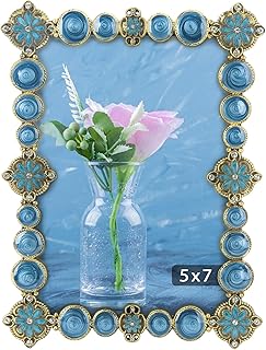 5x7 Vintage Picture Frame Decor Ornate Antique Blue Photo Frames with Gl...