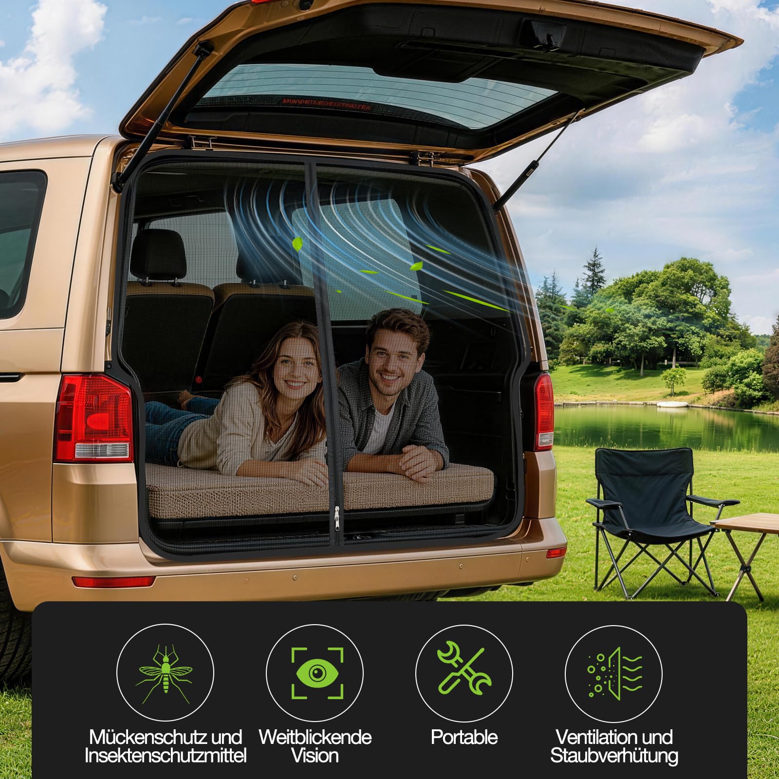 Moskitonetz Auto Hintertür Kompatibel für VW T5 T6,Auto-Fliegengitter mit Insektenschutz und Sonnenschutz, Auto Insektennetz Kofferraum Schattennetz Camping Belüftung Moskitonetze Reise (Rear)