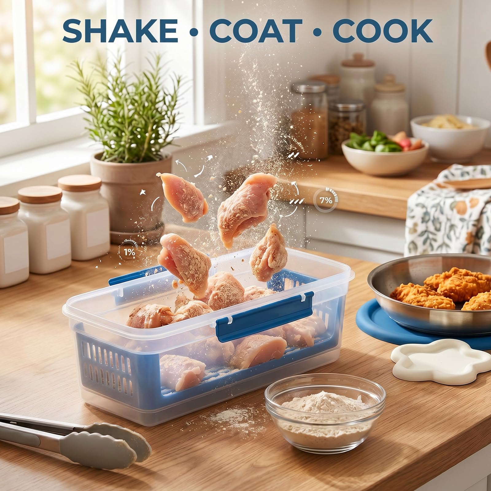 Confezione da 2 ciotole per pastella senza disordine con coperchio, contenitore per farina e pastella con vassoio setaccio, ciotola per impanare pollo fritto, set di preparazione per pasti da cucina