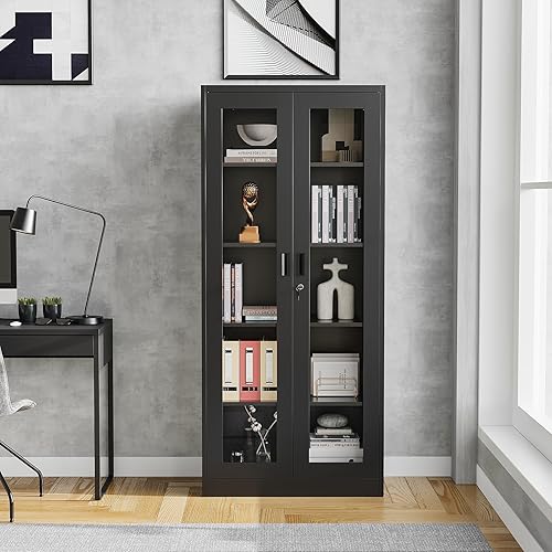 Miniatura 58 de Gabinete de almacenamiento de metal para garaje, gabinete de almacenamiento con bloqueo de 71 pulgadas con 2 puertas y 4 estantes ajustables, Negro