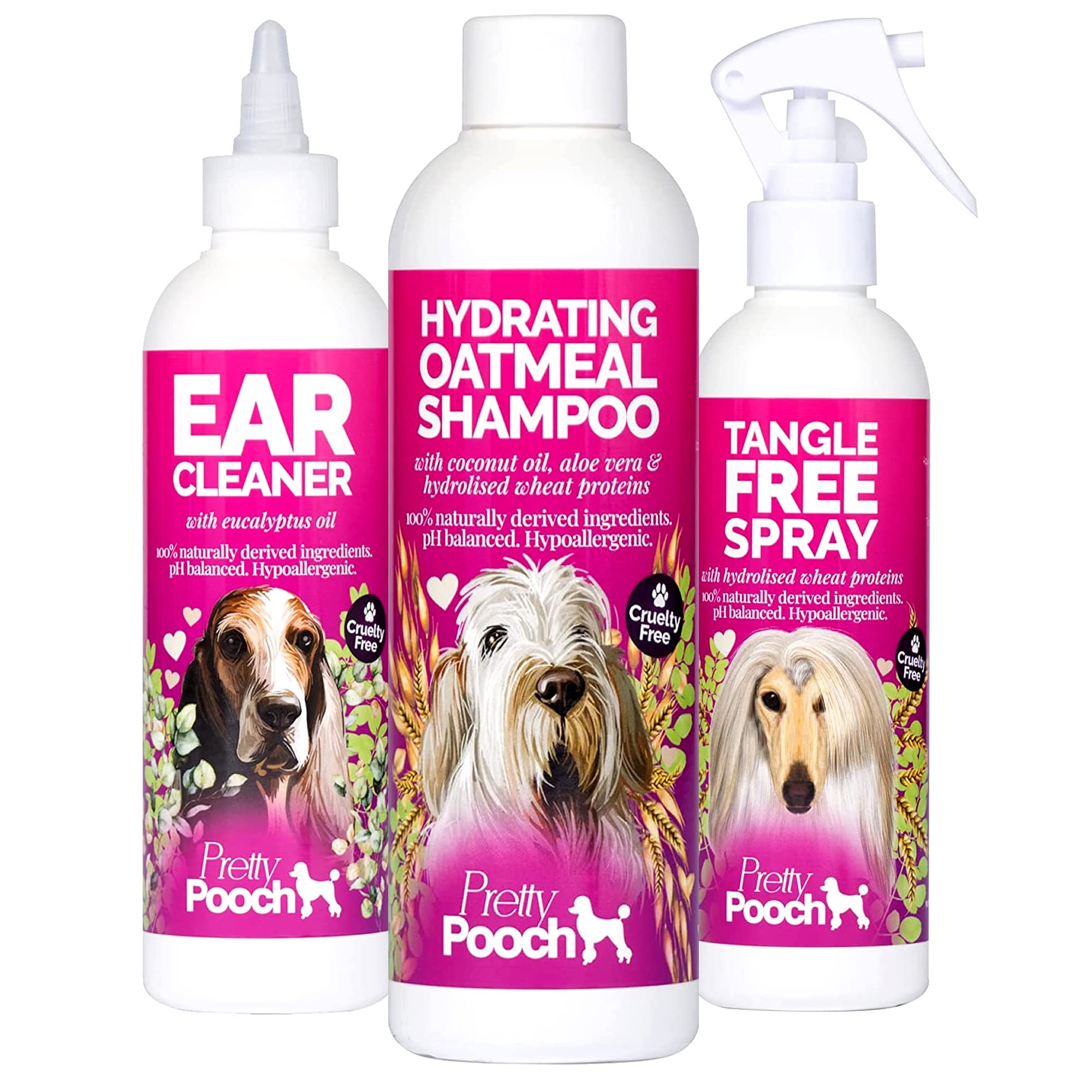 Pretty PoochThe Squeaky Clean Grooming Kit Set - 250ml Hydrating Oatmeal Shampoo, 250ml Ear Cleaner & Tangle Free Spray 250ml - For all Dog Breeds and Coat Types - Dog Lover Gift