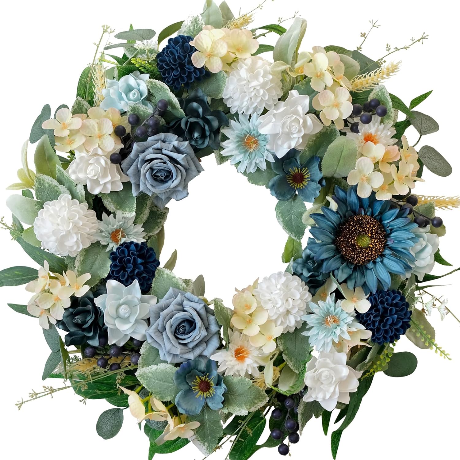 22" Spring Flower Wreath for Front Door Summer Wreaths with Sunflowers Roses Gardenias, Artificial Floral Green Foliage Wreath for Wall Window Farmhouse Party Holiday Home Decor（White Blue）