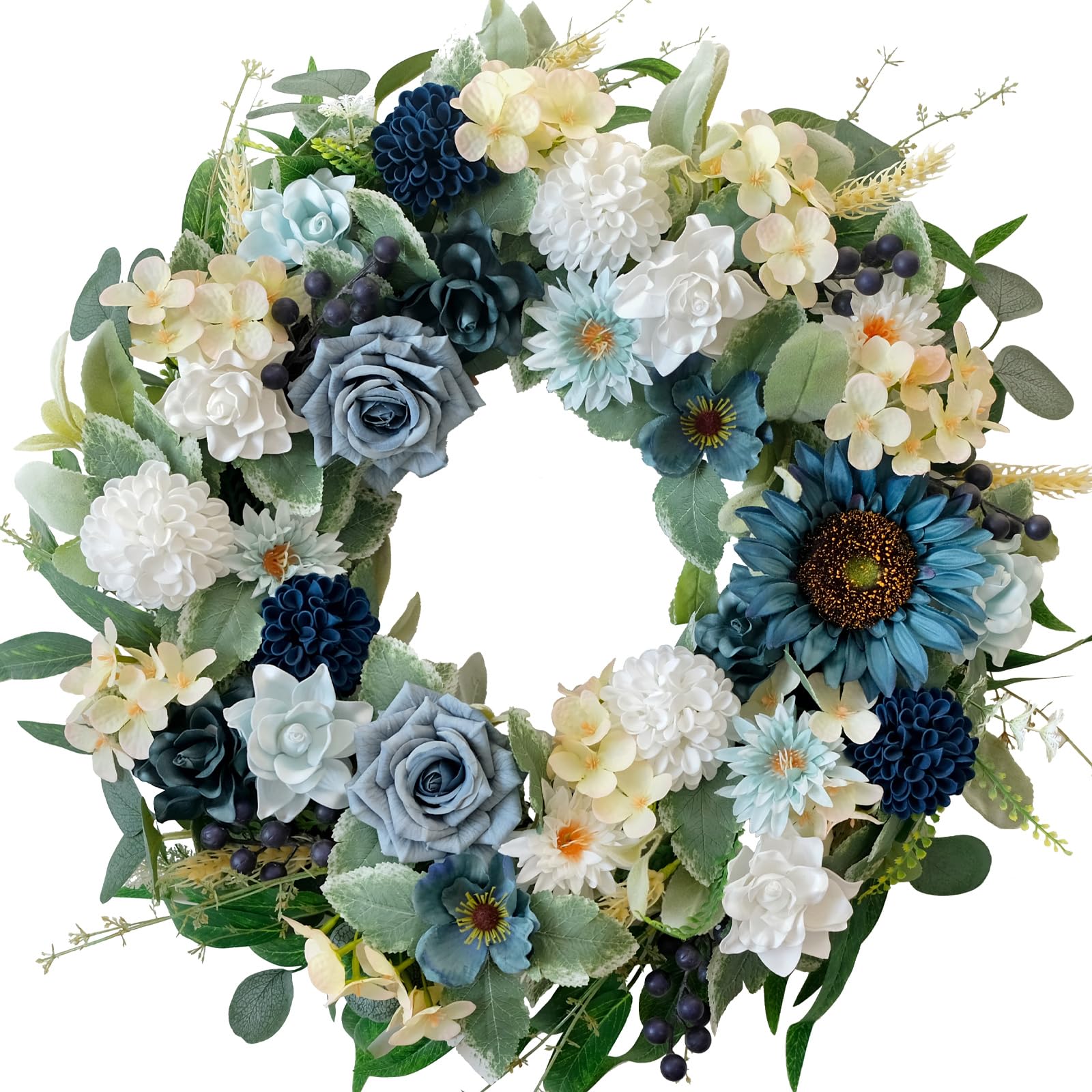 CIR OASES 22-inch Spring Blue Rose wreath Artificial Green leaf rose Sunflower Hydrangea Wreath Front door hallway window decoration Festive party wedding decoration