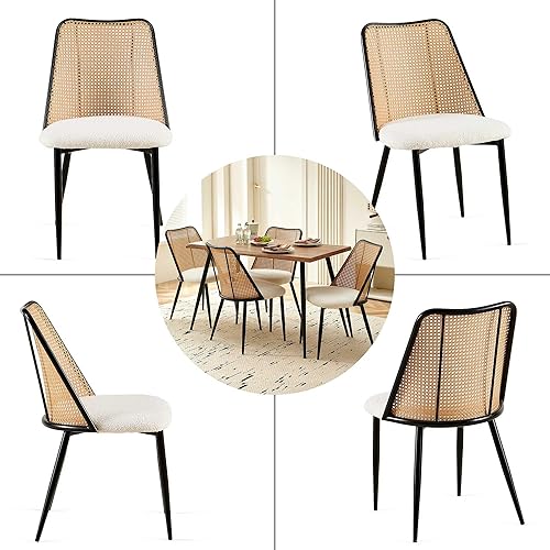 Miniatura 4 de Juego de 4 sillas de comedor de ratán, modernas sillas de comedor de mediados de siglo, sillas de cocina tapizadas, sillas de caña elegantes con