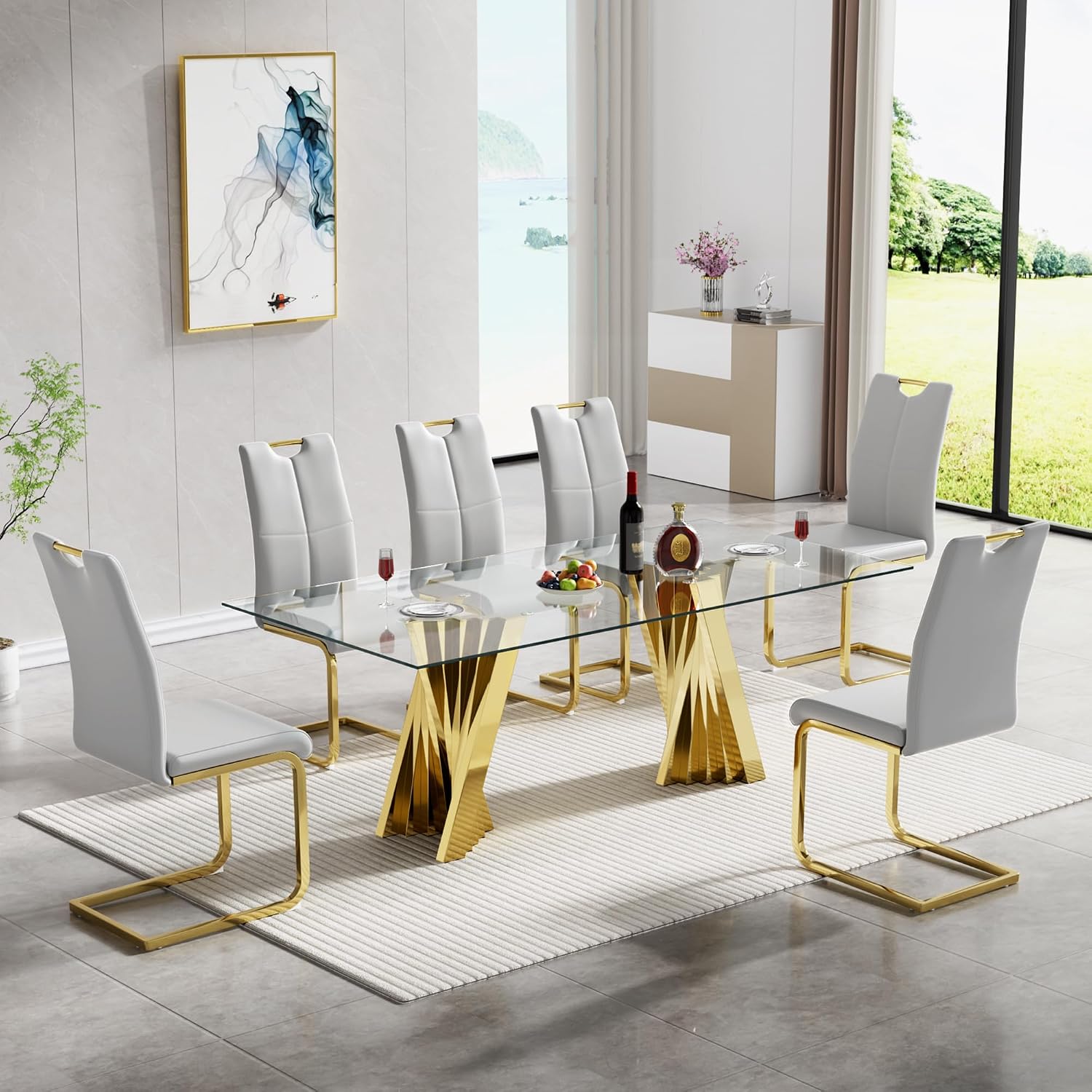 Amazon.com - KUVADAZ 70" Modern Gold Glass Dining Room Table Set for 6 ...