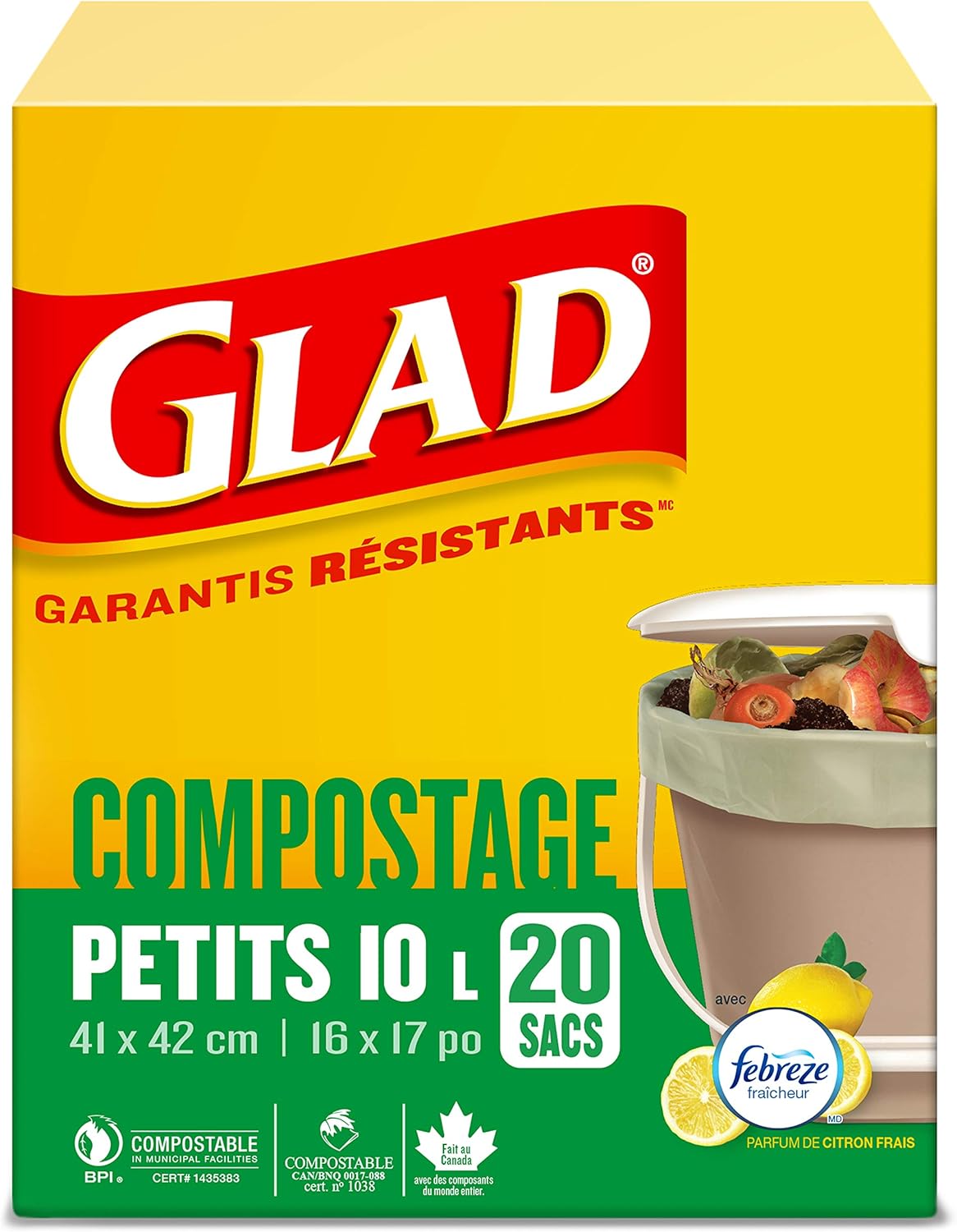 A neatly tied Glad Certified Compostable Bag filled with kitchen scraps, ready for disposal.
