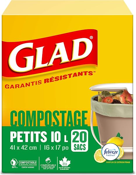 Glad Certified Compostable Bags - Small 10 Litres - Lemon scent 20 Compost Bags 20 count (Pack of 1) - 1