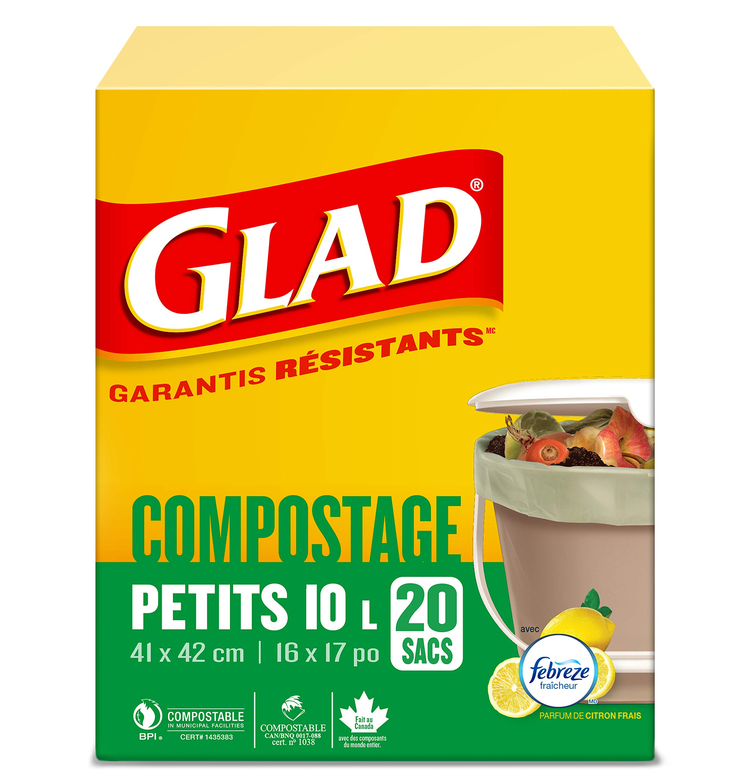 Glad Certified Compostable Bags - Small 10 Litres - Lemon scent 20 Compost Bags 20 count (Pack of 1)
