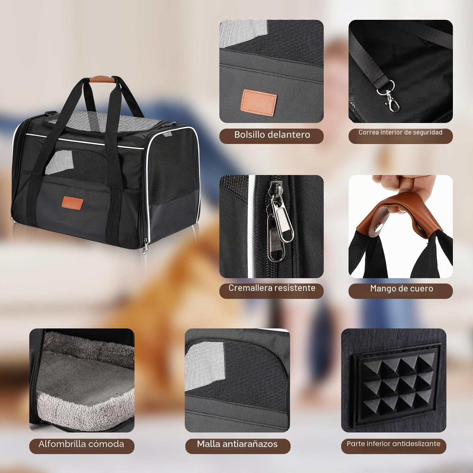 Transportín para Gatos,Bolsa Transporte Transpirable para Mascota,46.5x32x36cm Correa de Hombro Ajustable y Colchón Suave,transportador de Mascotas con Cremalleras de Seguridad