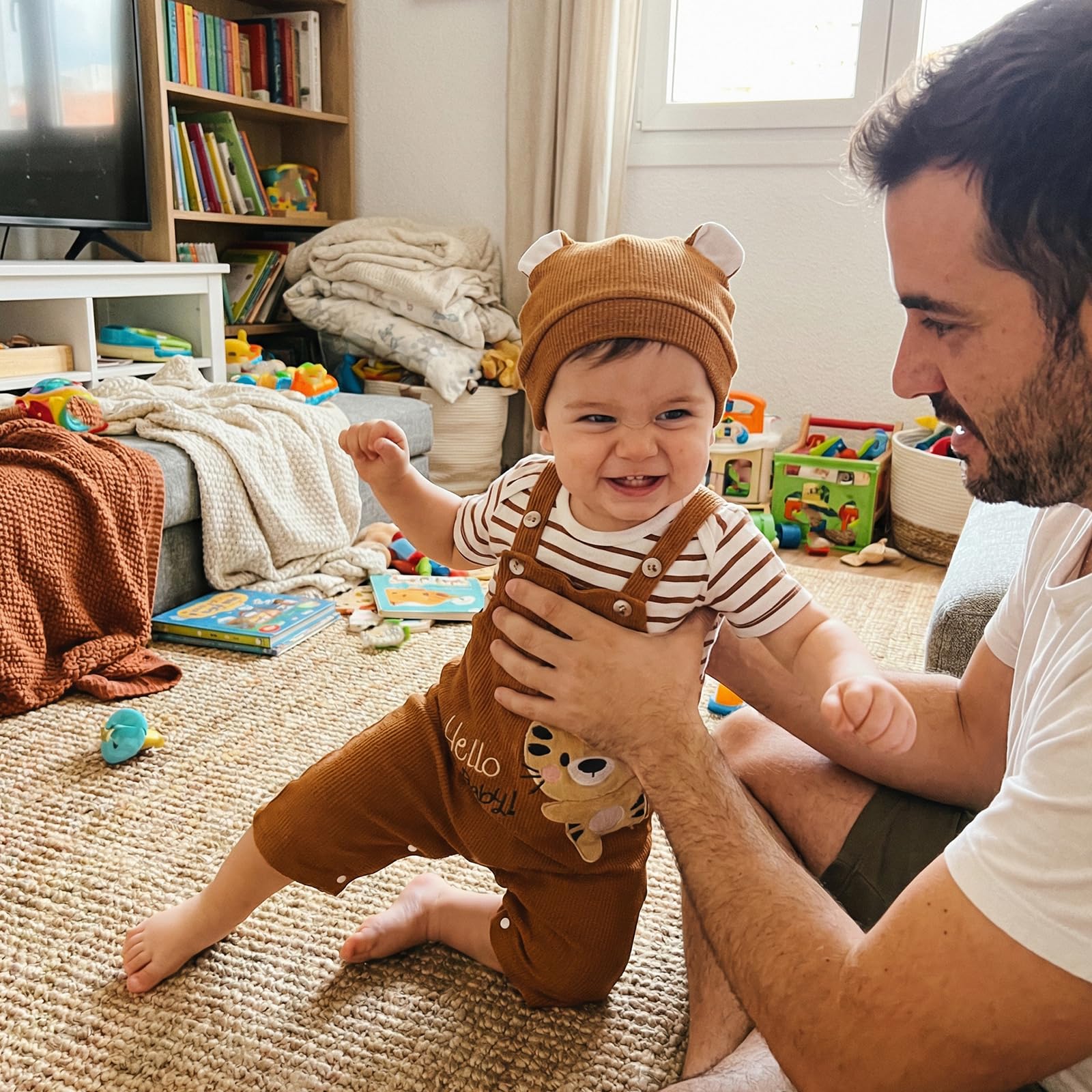 Ensemble Bébé Garçon 3 Pièces Tenue Bébé Garçon Barboteuse Rayée Salopette Brodée Chapeau Vêtement Mignon pour Garçons 0-18 Mois