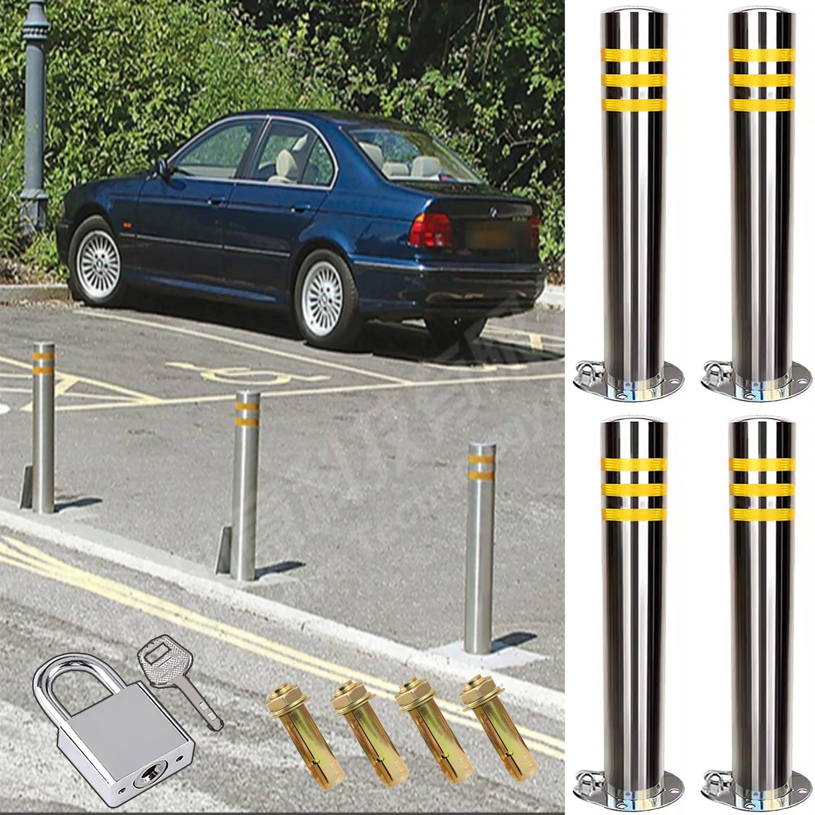GHHVFEC Traffic Cones Construction Cones Lockable Parking Bollards for Driveway Stainless Steel Traffic Guide Posts (Silver 4 Pack H 60 cm)